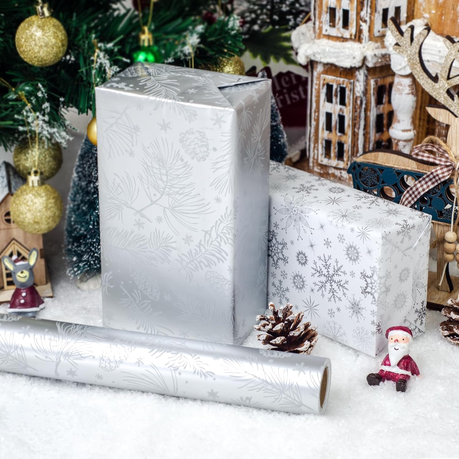 Mini Short Christmas Wrapping Paper Roll - Reversible Design (17 Inches X 32.8 Feet) - Silver & Gray Pinecone, Branches, Snowflakes
