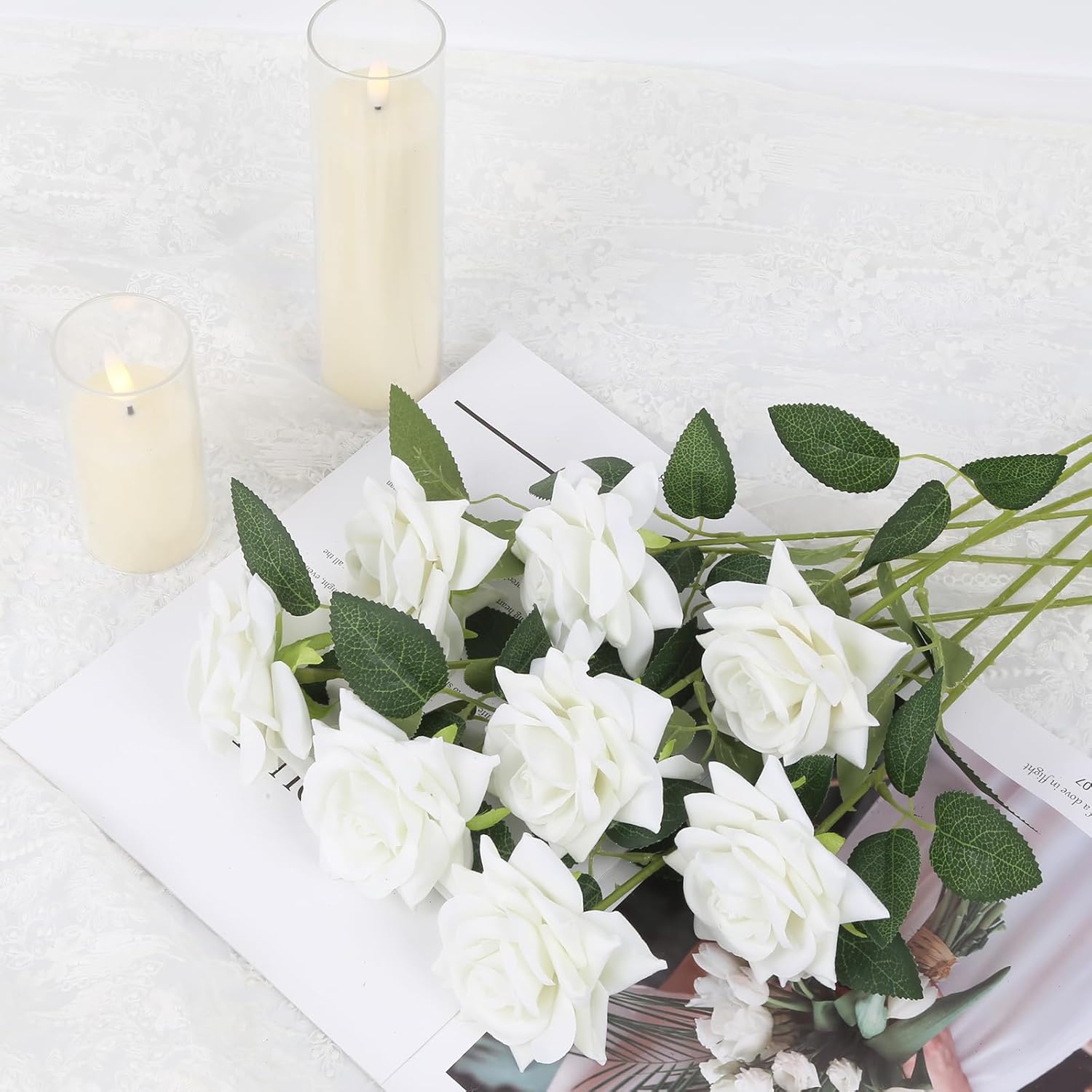 12Pcs Velvet Roses Artificial Flowers Silk White Roses Faux Roses With Stems Fake Rose Bouquet For Diy Wedding Home Party Table Centerpiece Arrangement Decoration(White)