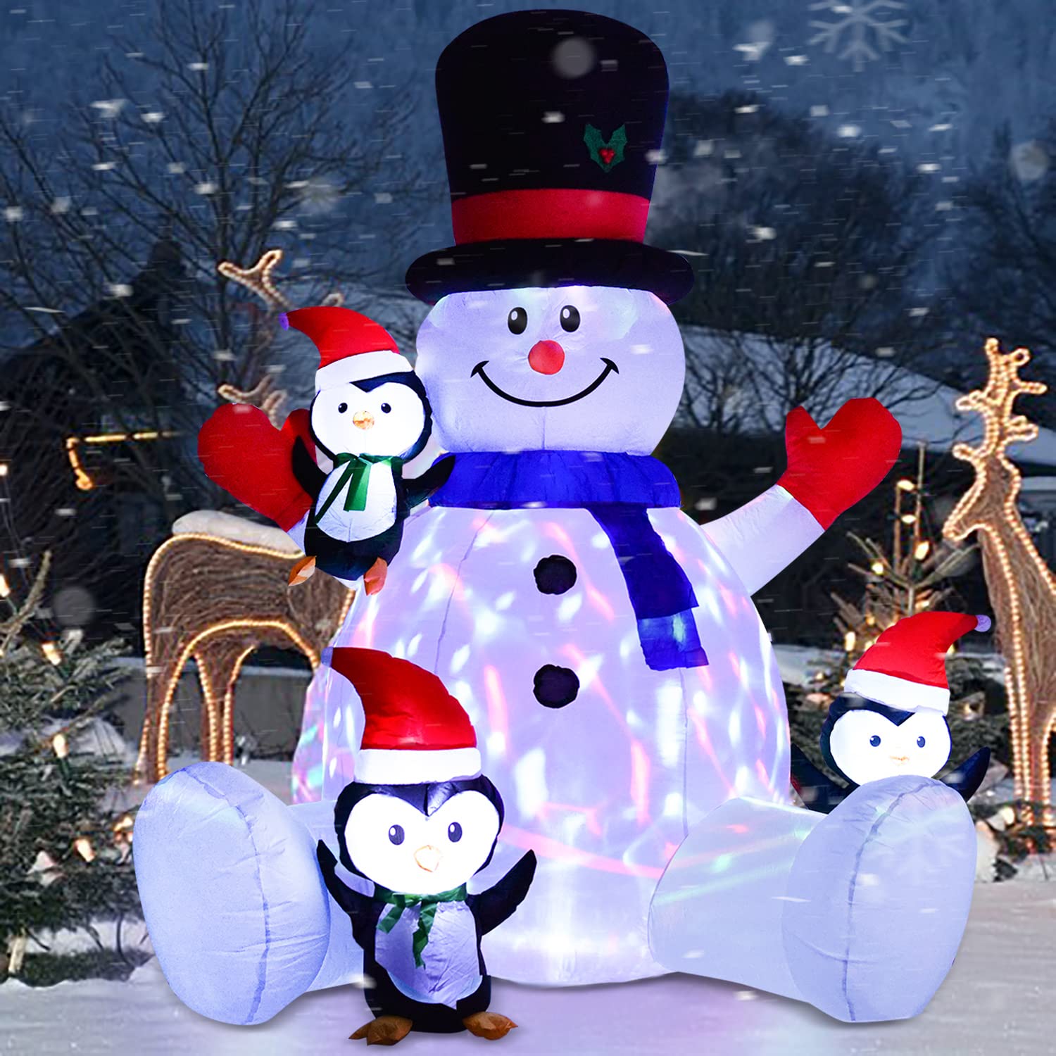 7Ft Inflatable Christmas Snowman With Penguins, Rotating 7 Color Changing Led Lights And 3Led Lights Xmas Holiday Blow U