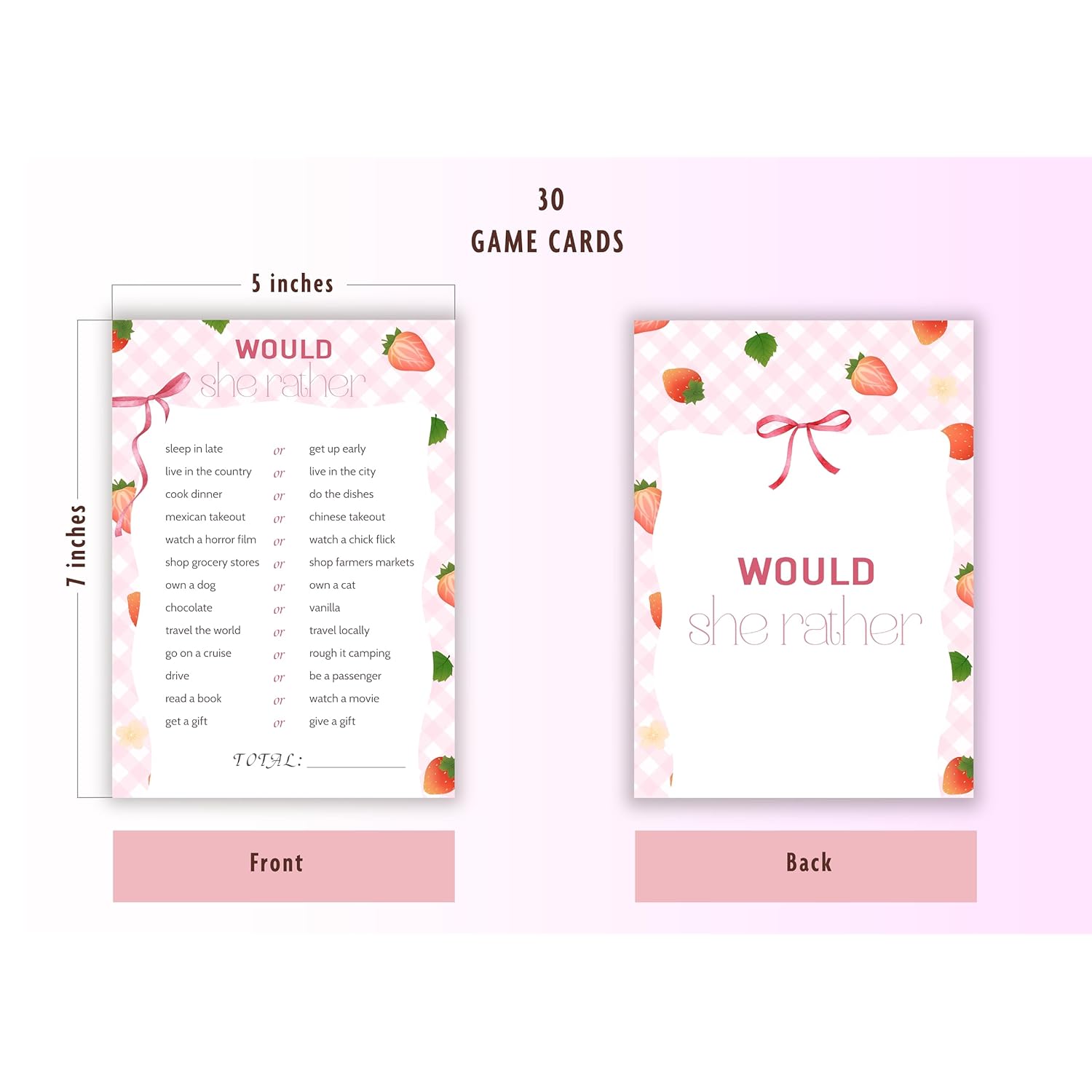 30Pcs Strawberry Baby Shower Games, Pink Gingham Berry Would She Rather Bridal Shower Game, Gender Reveal Game, Berry Sweet Baby Shower Decorations