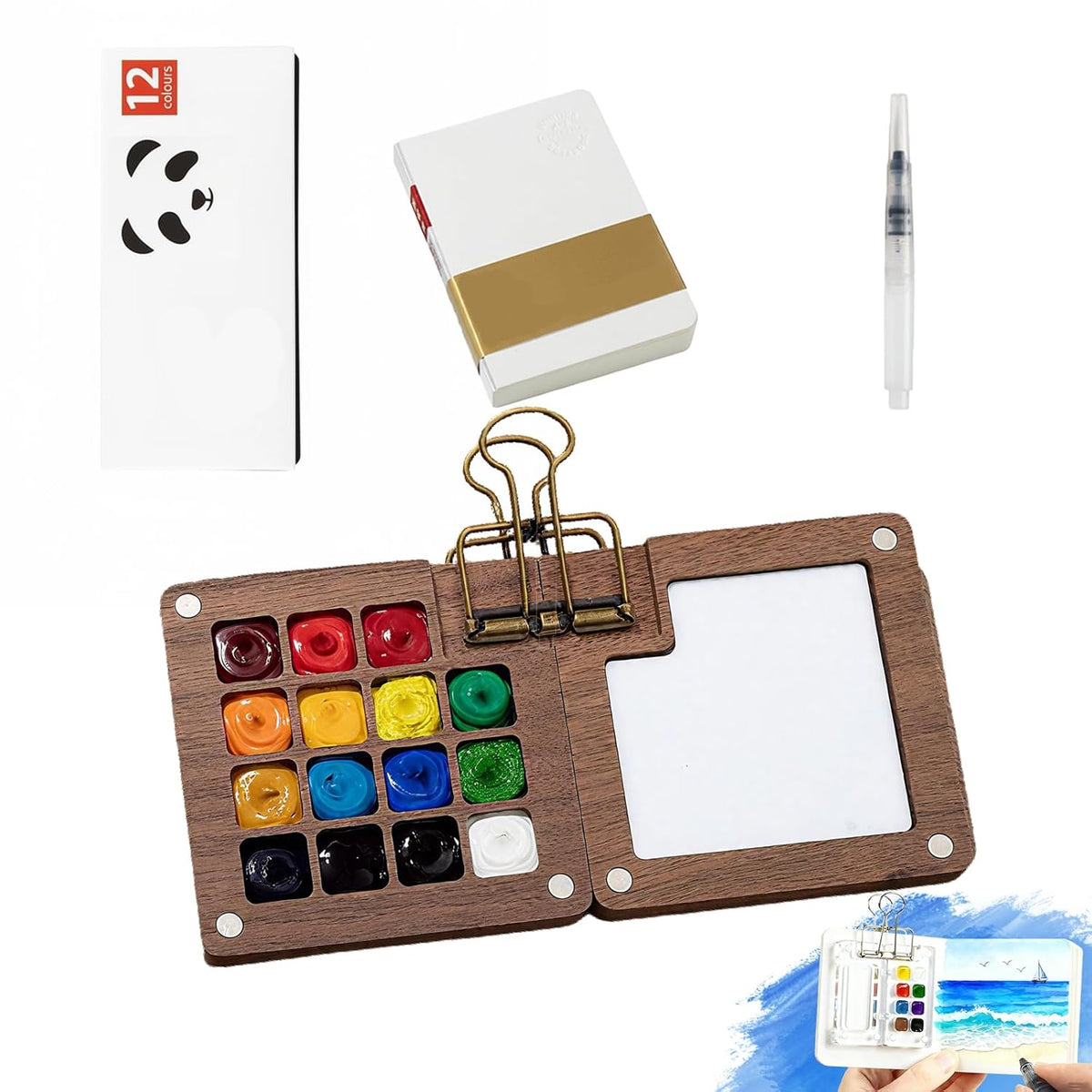 Mini Watercolor Set, 12 Color Pocket Art Kit With Water Brush & Paper Pad, Portable Travel Painting Supplies For Adults & Beginners