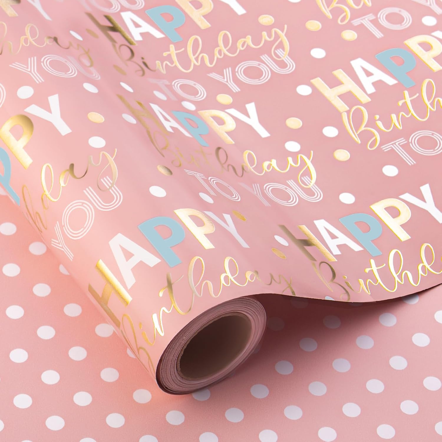 Reversible Pink Birthday Wrapping Paper Roll - 17 Inch X 33 Feet - Glitter Happy Birthday Lettering Metallic Foil Paper Girl Gift Wrap W/Polka Dot For Holiday Party Baby Shower Mother'S Day