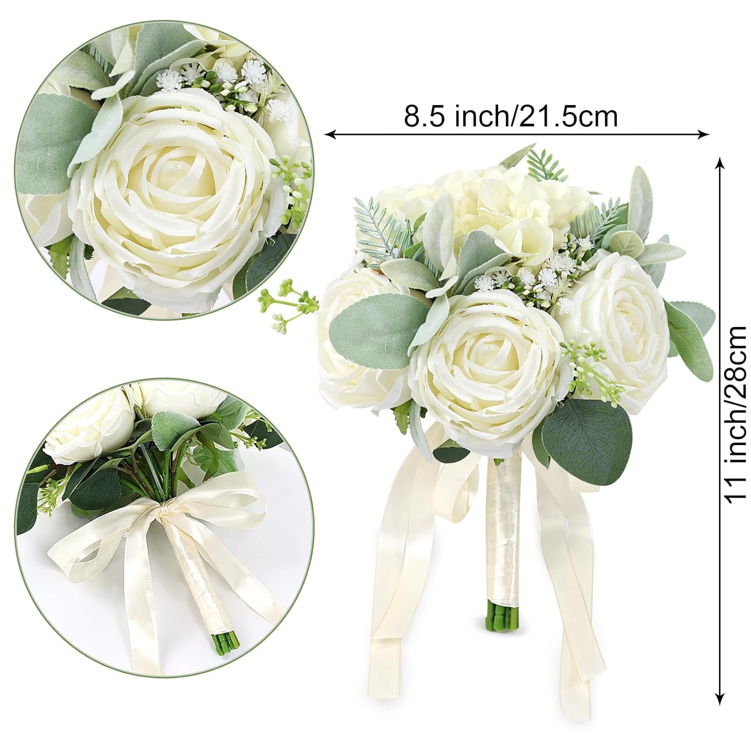 Wedding Bouquets For Bride Bridesmaid 8.5 Inch Ivory White Artificial Roses Flowers Bridal Bouquets For Bride Wedding Marriage Proposal Party Church Decoration