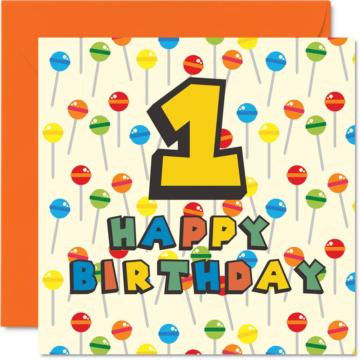 1St Birthday Card Unisex - Lollipop Sweets Candy - Happy Birthday Card 1 Year Old Son Daughter Brother Sister Grandson Granddaughter Niece Nephew Cousin, 5.7 X 5.7 Inch First Bday Greeting Card