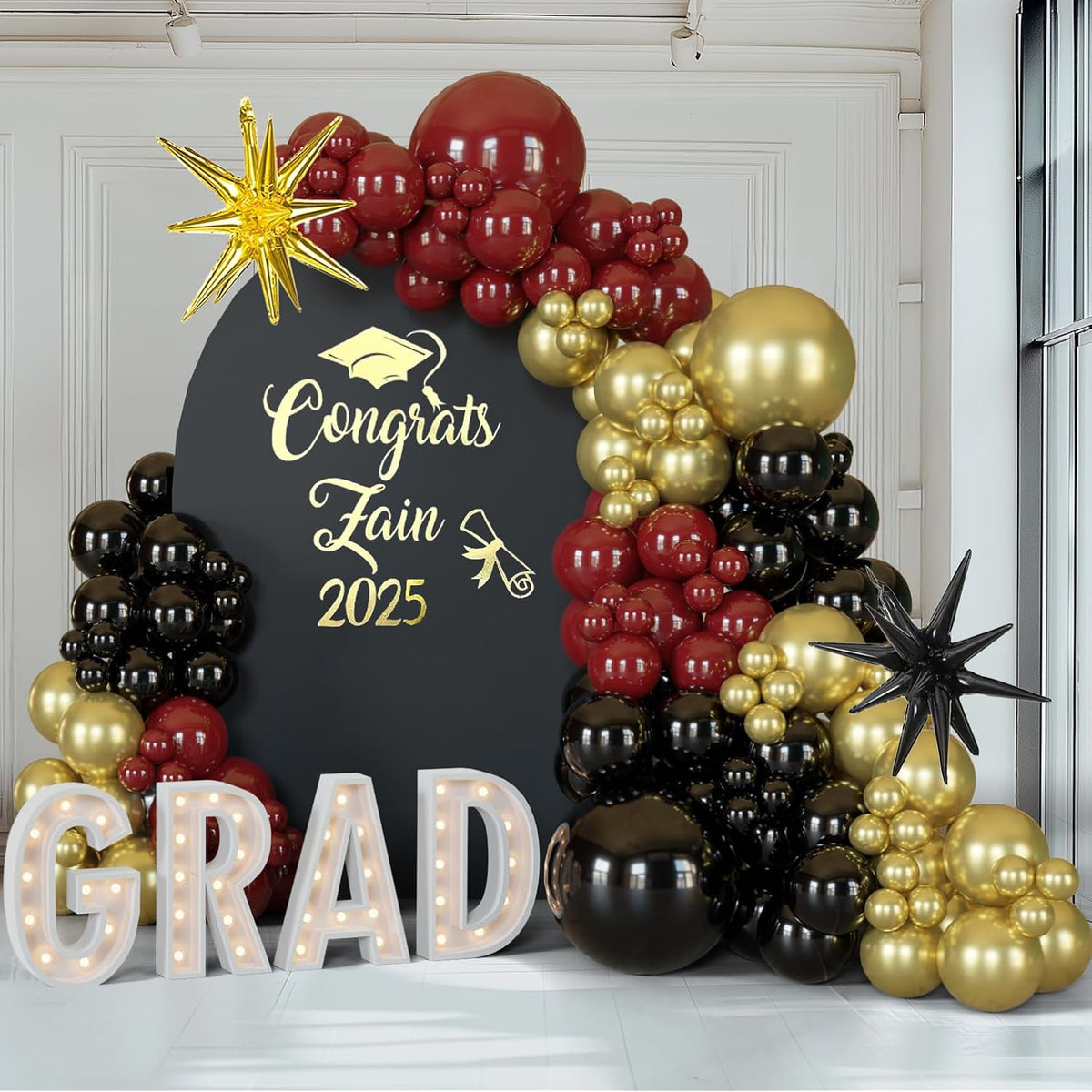 128Pcs Black Gold Burgundy Balloon Arch Garland Kit With Exploding Star Balloons For Party Decoration, Birthday, Christmas,2025 Graduation, New Year,Nye Decor