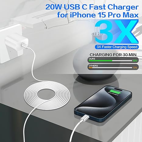 2 Pack 20W USB C Fast Charger with 6FT USB C Cable for iPhone 17 16 15 Pro Max Air Wall Charger