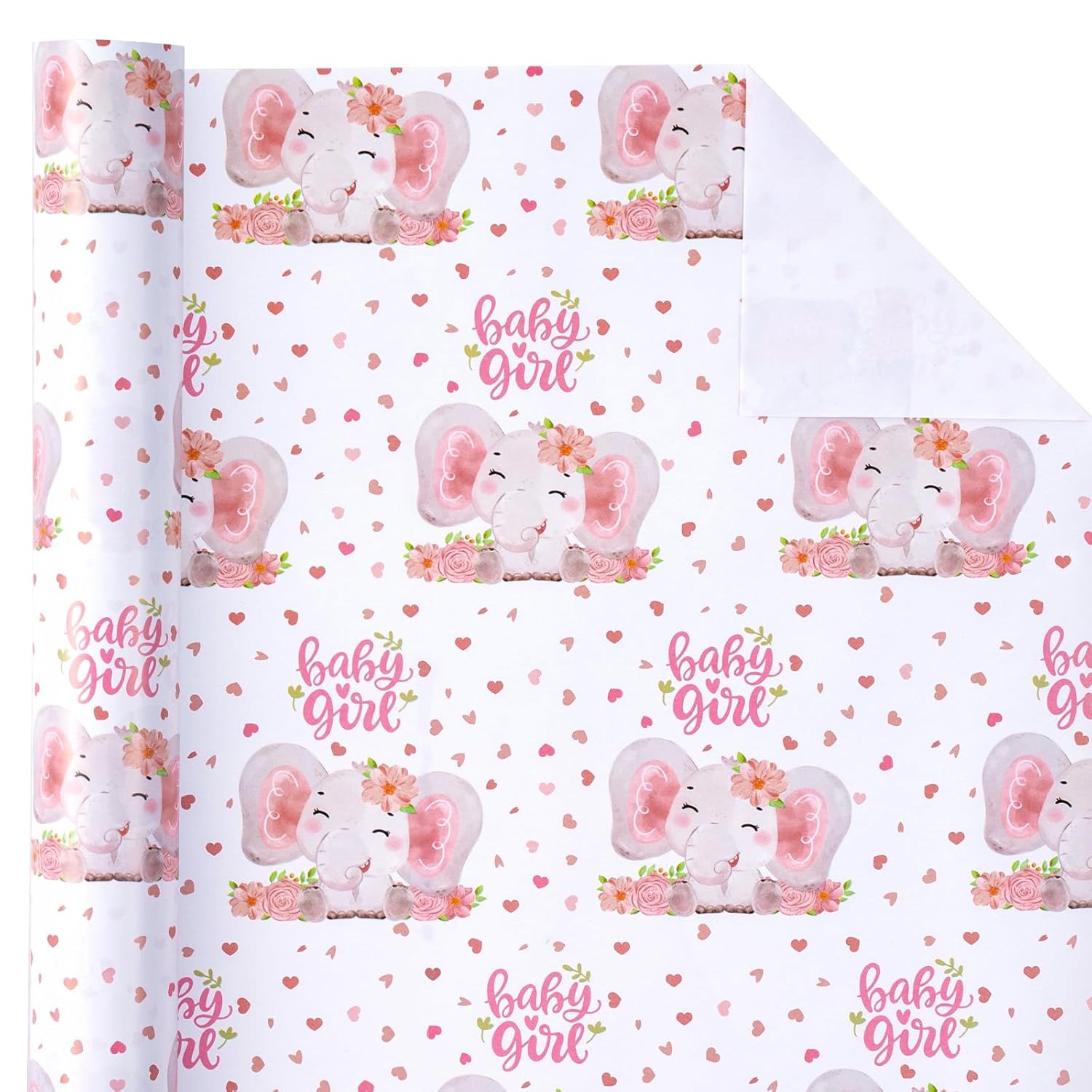 Baby Girl Wrapping Paper - Mini Roll - 17 Inch X 33 Feet - Adorable Pink Elephant Design For Baby Shower, Party, Holiday