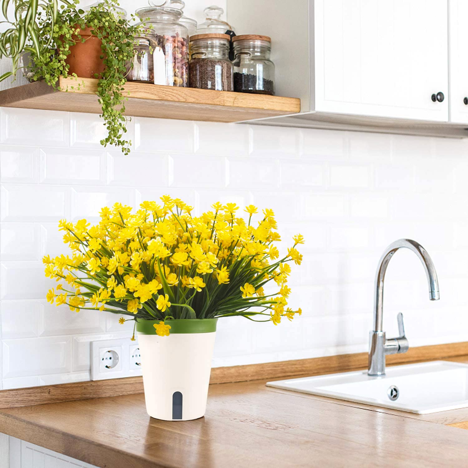 Artificial Fake Flowers, 12 Bundles Outdoor Uv Resistant Greenery Shrubs Plants Indoor Outside Hanging Planter Home Garden Décor (Yellow)