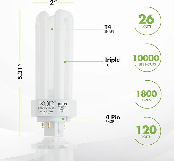26W Triple Tube CFL Light Bulbs GX24Q-3 4-Pin Base 3500K White Replacement 4 Pack
