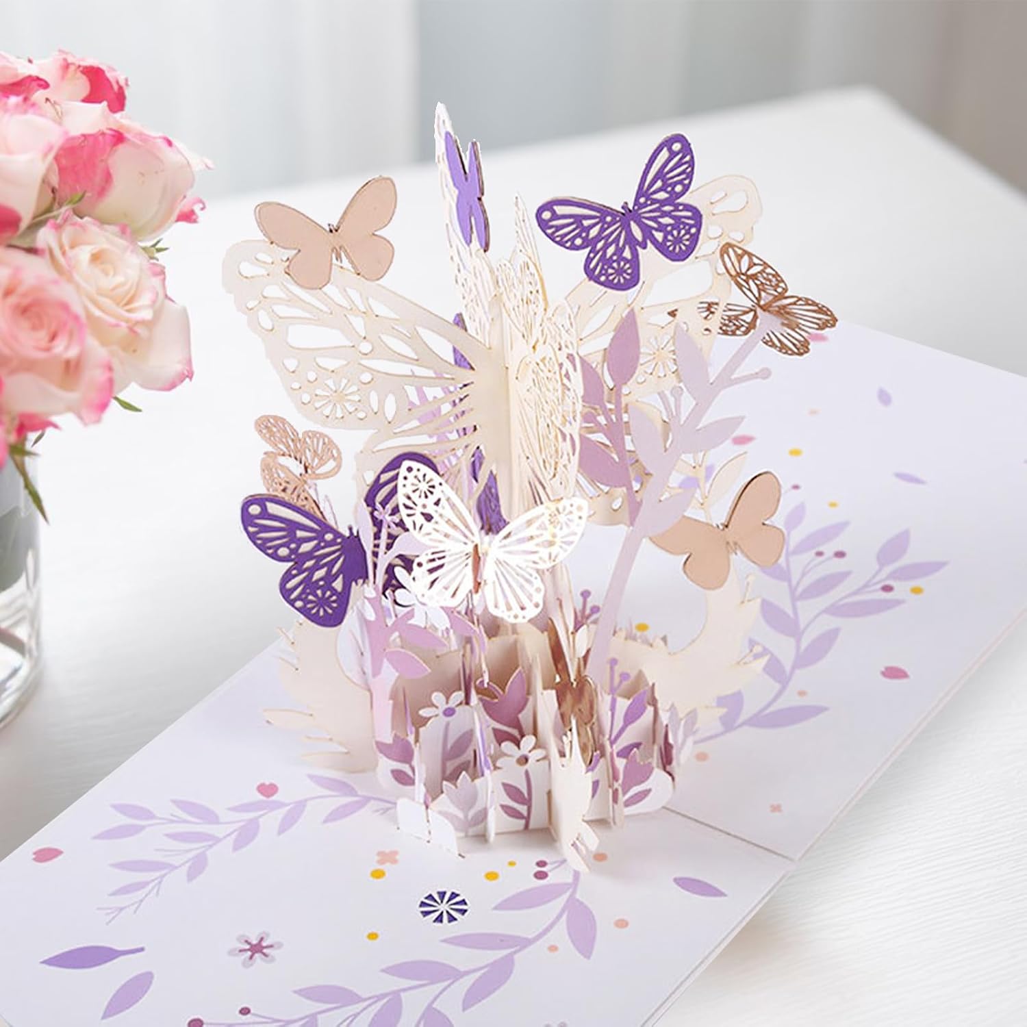 Purple Butterfly Flower Pop Up Card, 3D Greeting Card Butterfly Gift For Women Wife Girl Daughter Mothers Day Anniversary Birthday, With Envelope And Note 5" X 7"