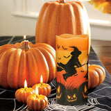 Halloween Flameless Flickering Led Candles With 6-Hour Timer, Battery Operated Wax Candles Assorted Decals Witch, Bats, Castle Set Of 3 For Decoration