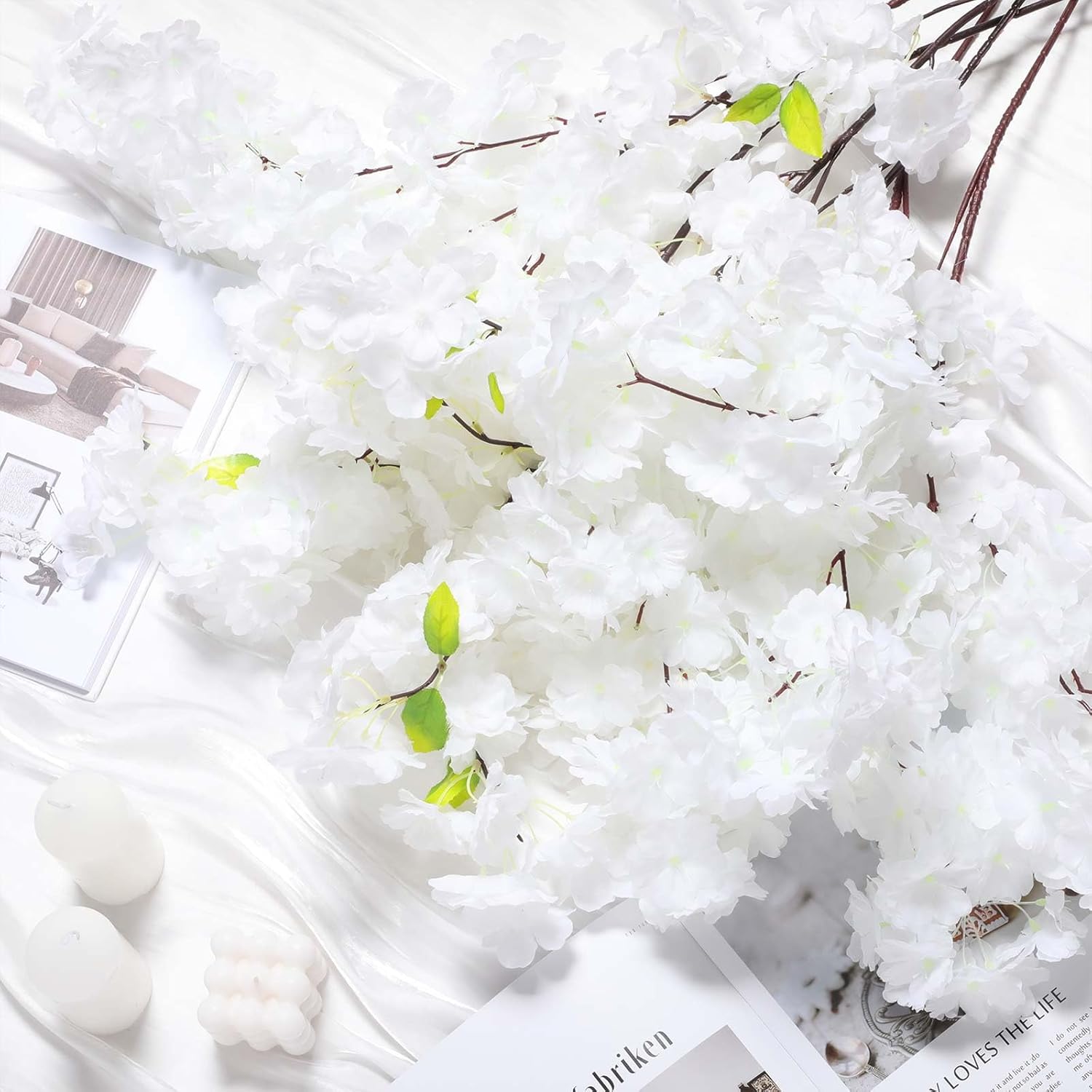 6 Pcs Artificial Spring Cherry Blossoms In Cream Silk Cherry Blossom Branches 43 Inch Long Stem Faux Tree Stems Bouquet Bulk Flowers Vase Arrangements For Home Decor(White,Mixed)