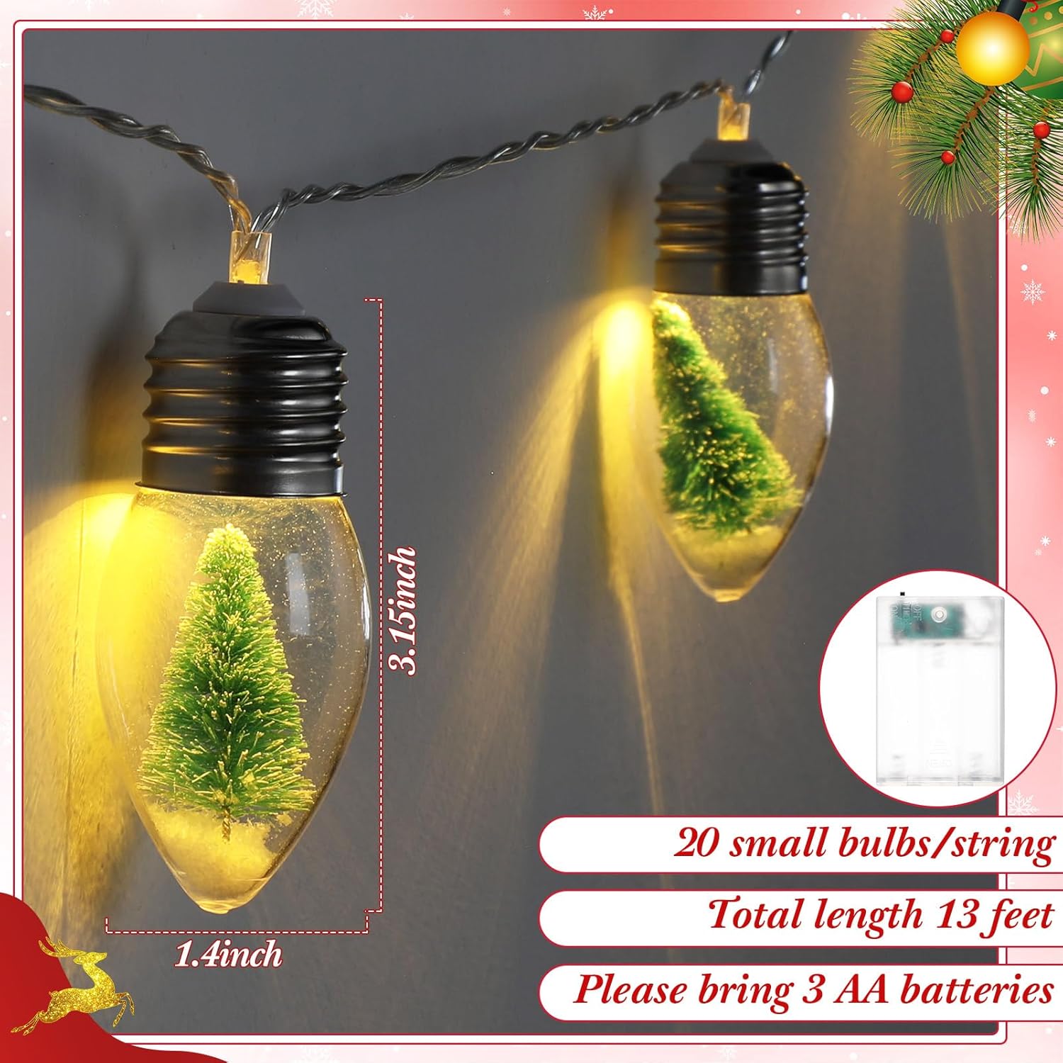 13Ft Christmas Snow Globe String Lights With Tree 20 Led Fairy Bulb Lights Christmas Tree Decorations Battery Powered In