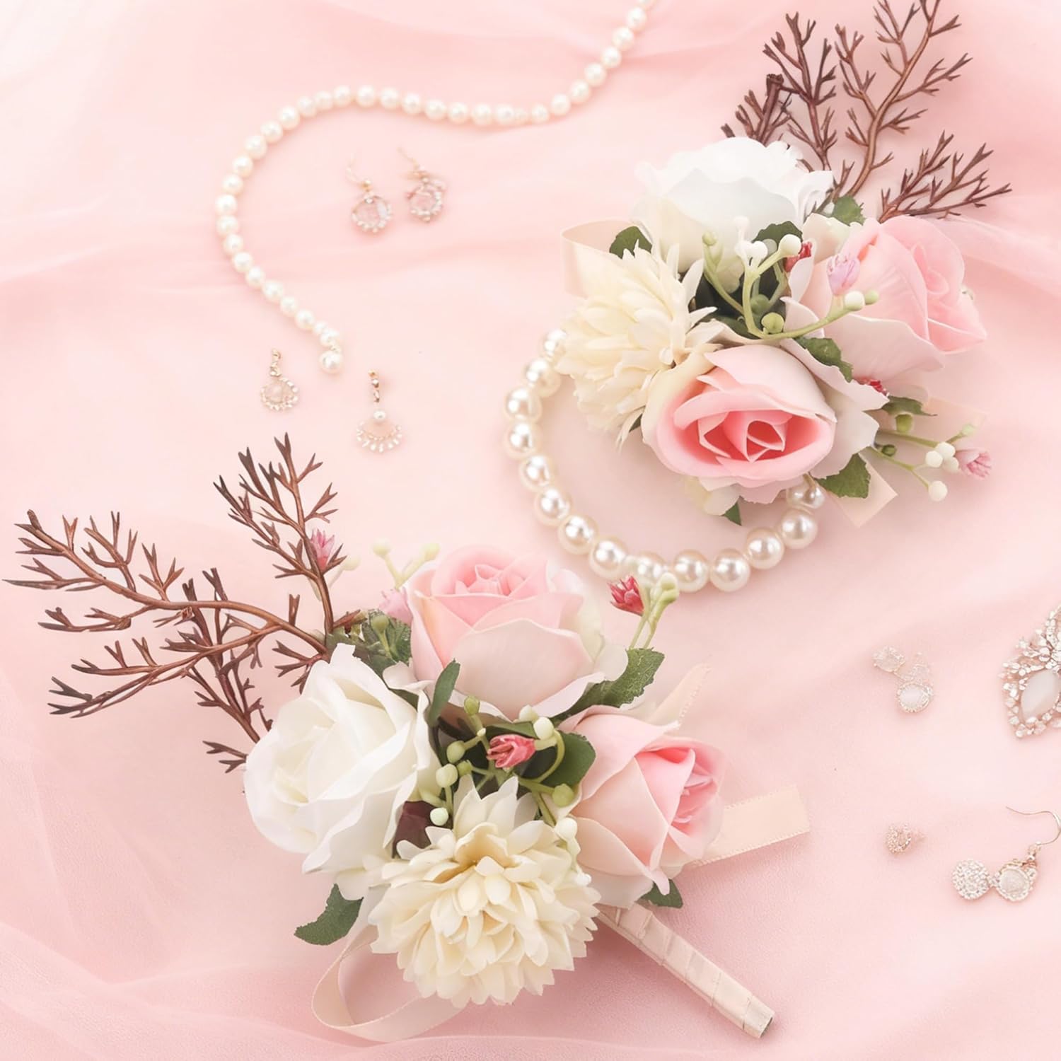 Floral Corsage And Boutonniere Set, Artificial Wrist Corsage And Groom Boutonniere For Prom, Wedding Party, Dance, Or Ceremony, For Men And Women