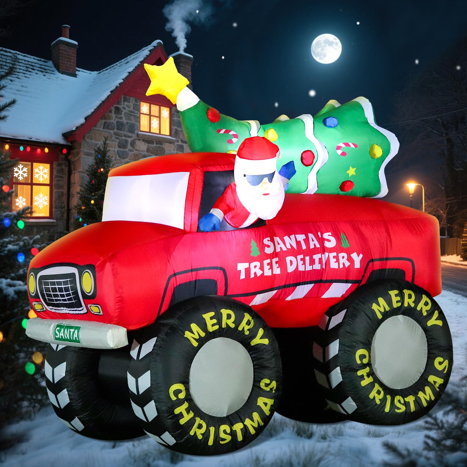 7Ft Christmas Inflatable Blow Up Decorations, Santa Claus Drive Monster Truck With Christmas Tree, Built-In Leds For Hol