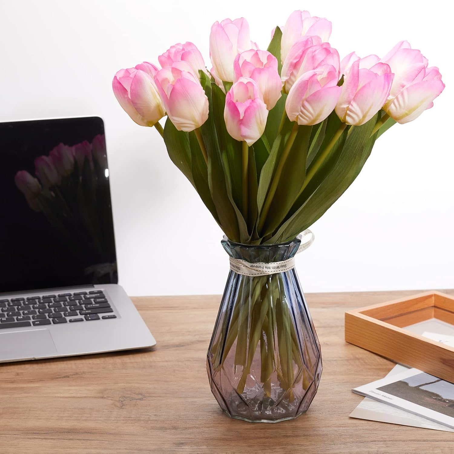 20Pcs Artificial Tulips Real Touch Faux Flower Moisturizing Tulips For Photography Ornaments Home Garden Wedding Party Decor Fake Flowers (Pink Green)