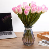 20Pcs Artificial Tulips Real Touch Faux Flower Moisturizing Tulips For Photography Ornaments Home Garden Wedding Party Decor Fake Flowers (Pink Green)
