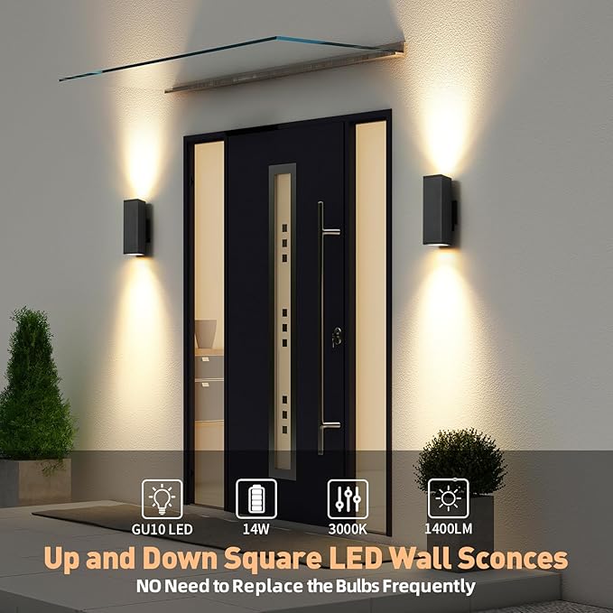4 Pack Matte Black LED Square Up Down Outdoor Wall Lights for House Garage Porch Doorway