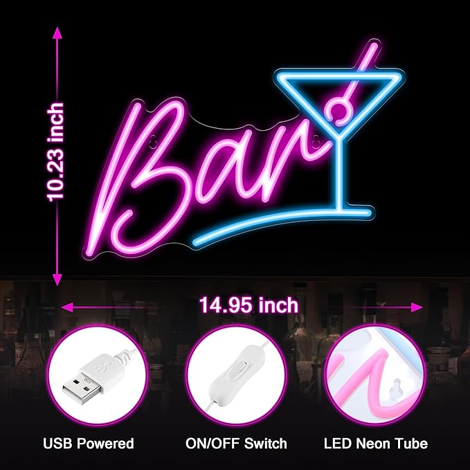 Bar Neon Sign LED Wall Light for Home Bar Man Cave Pub Cocktails Party Decor Gift for Men