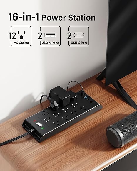 Surge Protector Power Strip 12 Outlets 4 USB Ports 2 USB C 10FT Flat Plug Extension Cord 4800J