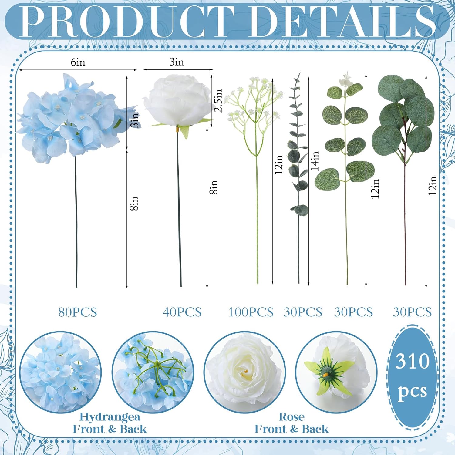 Valentine'S Day 310 Pcs Artificial Rose Bulk Diy Bouquet With Baby'S Breath Bulk Hydrangea Artificial Flowers Wedding Bouquets Floral Arrangement For Wedding Centerpieces Decor(Blue)