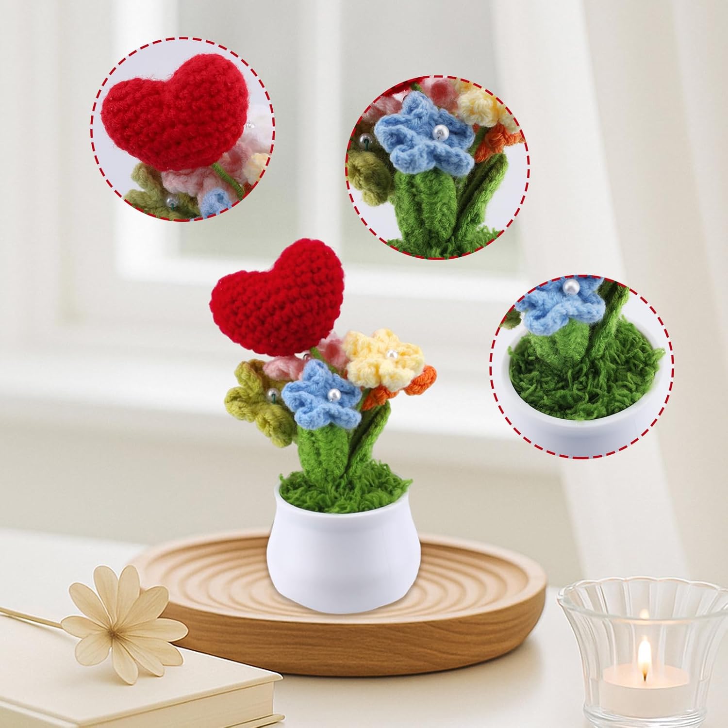 Knitting Crochet Flowers Potted Plants,Artificial Forget Me Not Flowers,Knitted Heart For Friends,Family Lover,Fake Handmade Flowers For Birthday Valentine Home Decoraitons (Red)
