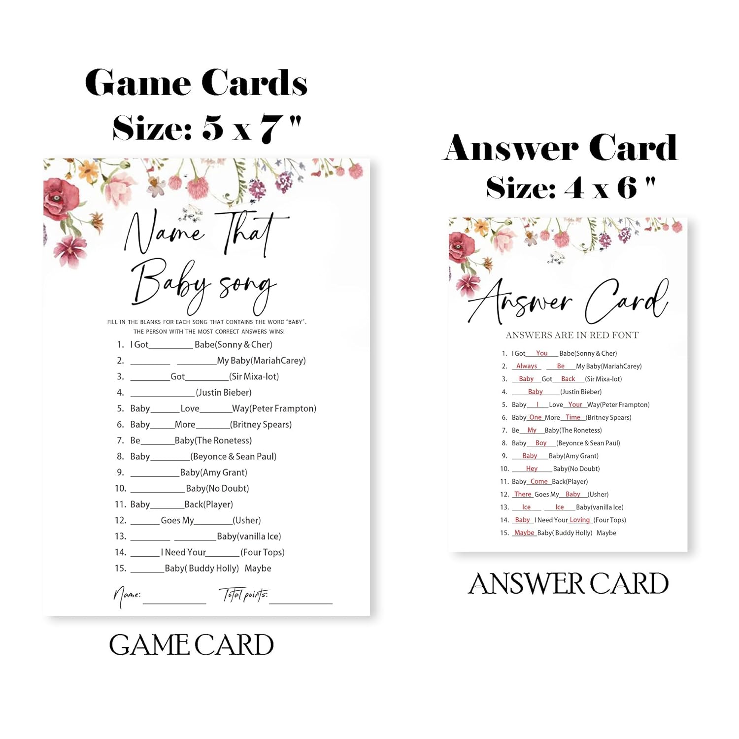 Floral Fill In Baby Shower Game Cards - Name That Baby Song Game For Boys & Girls - Watercolor Flowers Gender Reveal Party Activities For New Parents To Be - B08