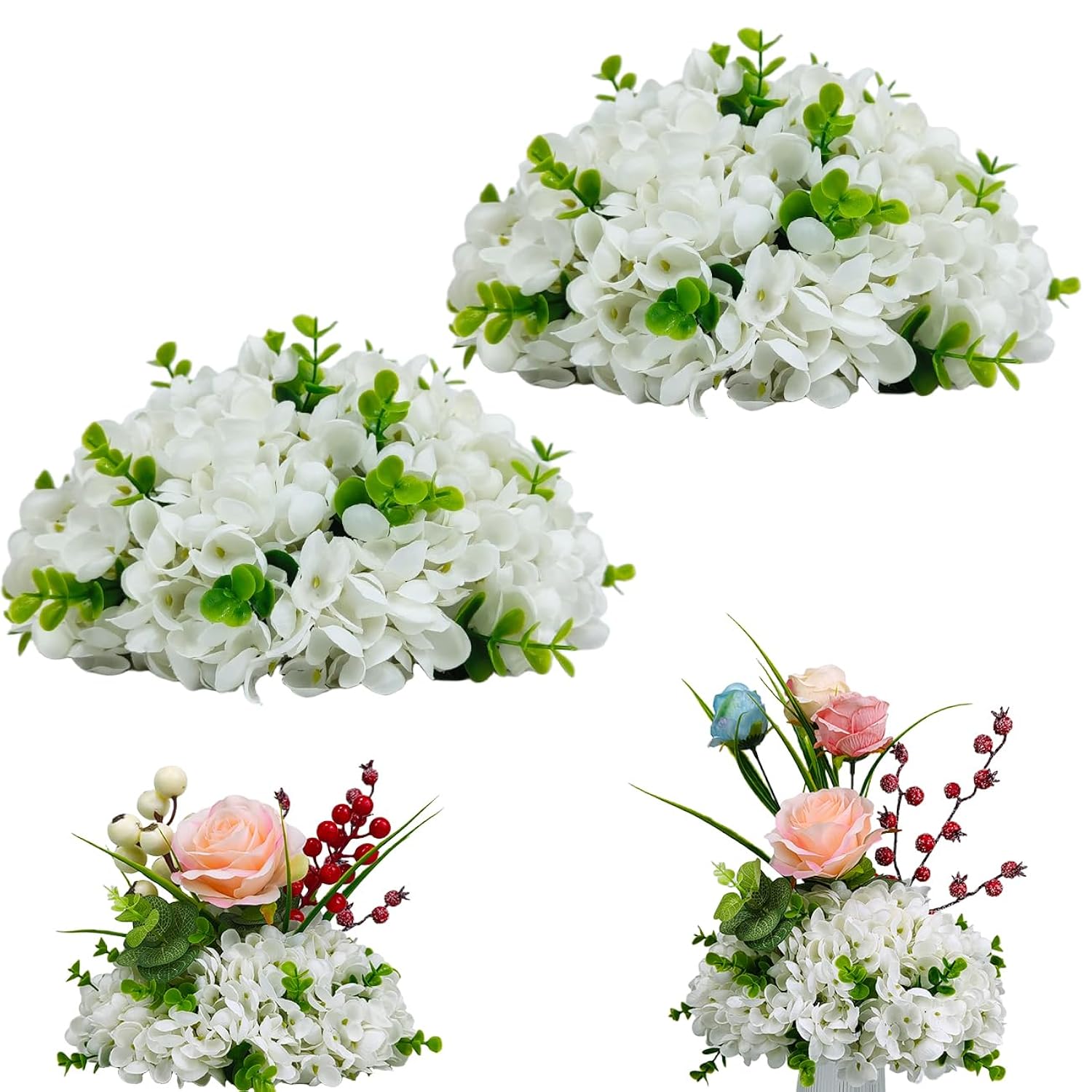 2 Pack Artificial Hydrangea Flowers Ball - 64 Blooms Total, 10.24" Wide, With 22 Eucalyptus Leaves, Faux Silk Hydrangeas For Wedding Centerpieces Flower Arrangement, Home, Seasonal Decor,Diy White
