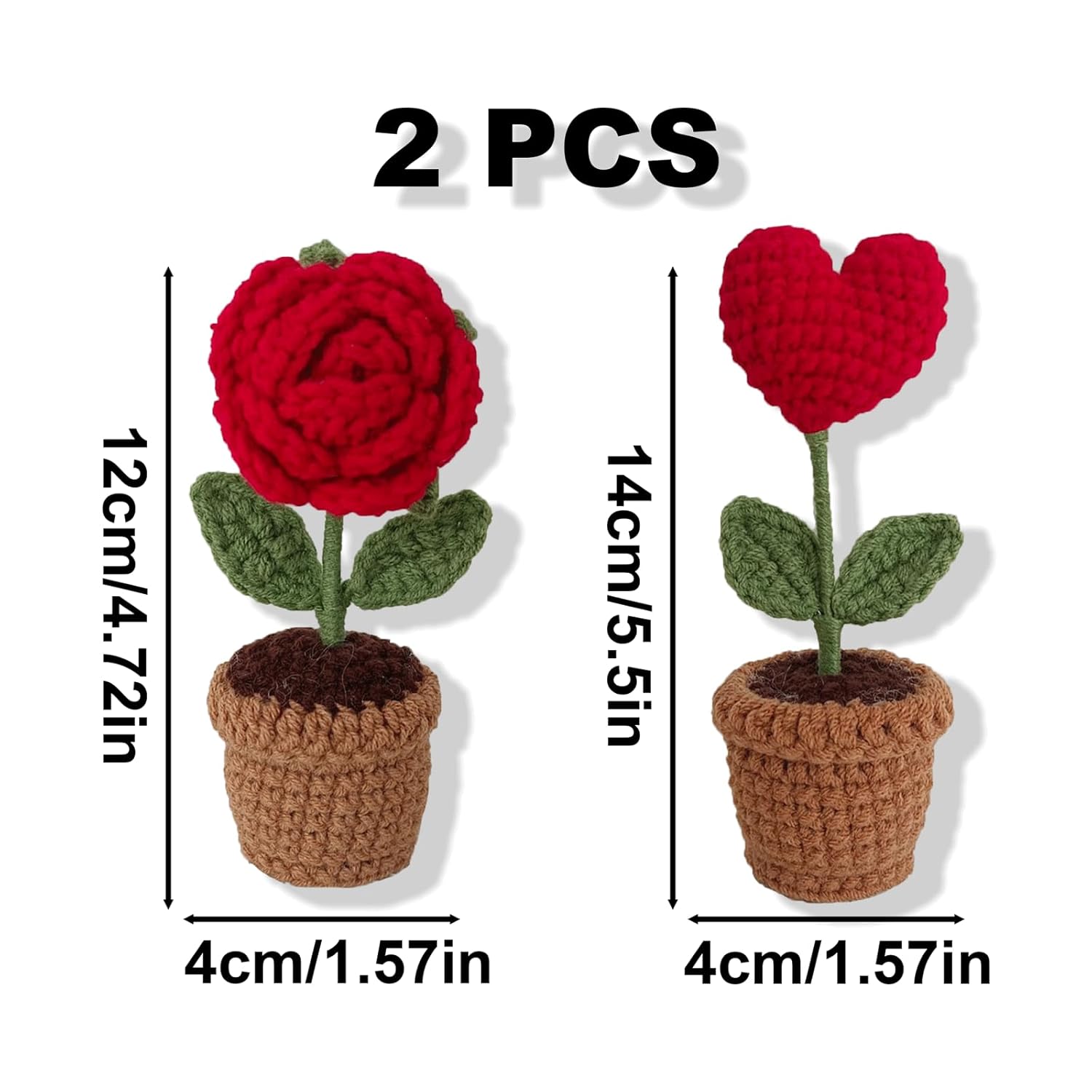 2Pcs Crocheted Rose Bouquet, Red Heart Handmade Crochet, Knitted Fake Flowers, Rose Artificial Desk Flowers For Valentine’S Day Home Kitchen Rustic Table Centerpiece Decor Gifts