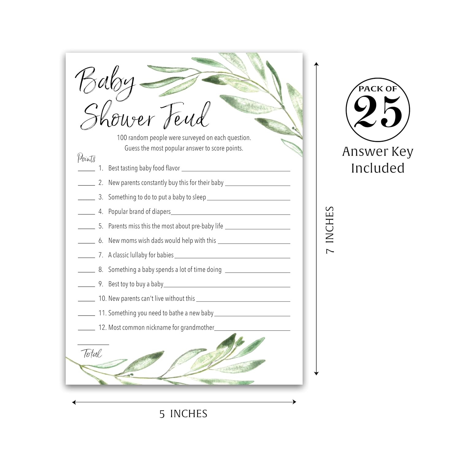 Greenery Baby Shower Feud Game — Pack Of 25 — Fun Shower Family Feud Games, Green Rustic Gender Neutral Baby Shower Activity, Co-Ed Couples Shower G320-Bsf