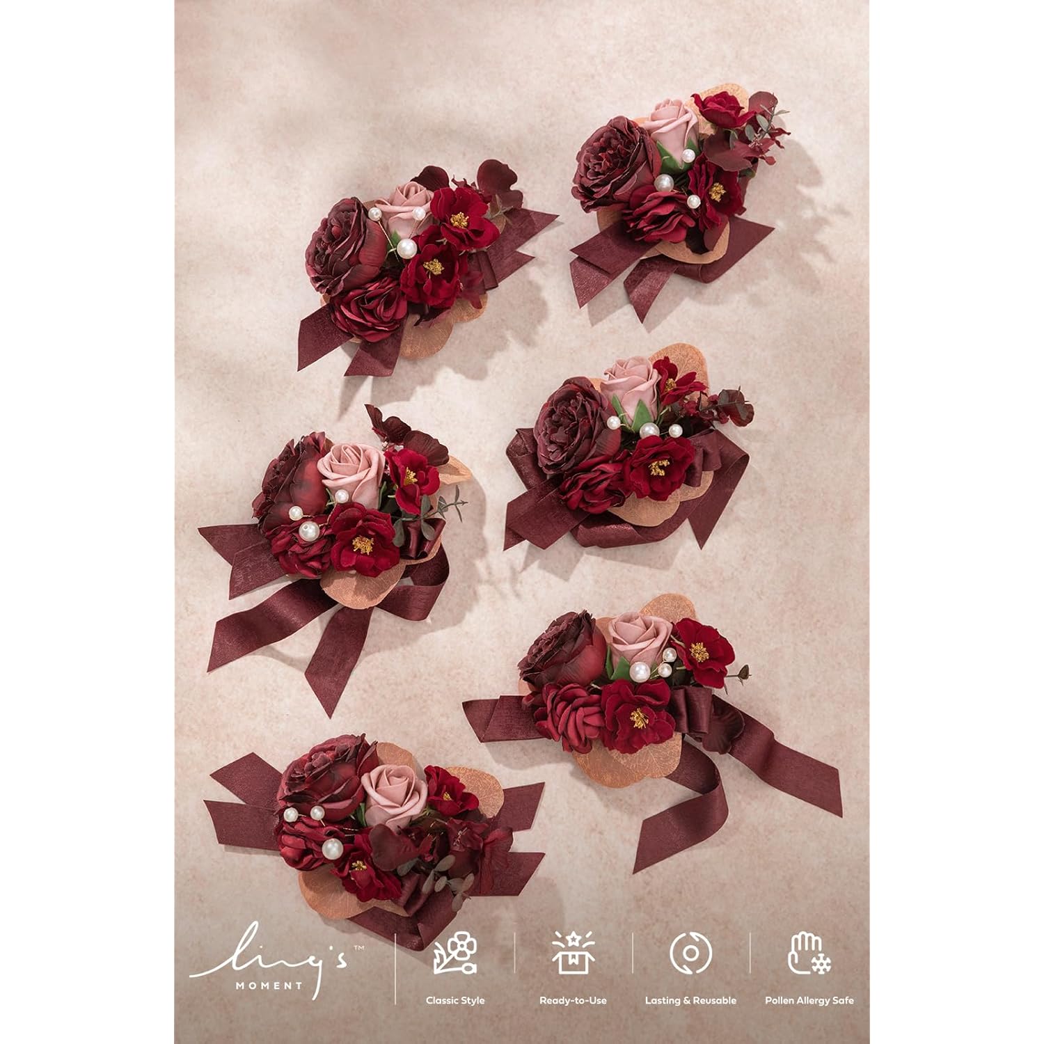 6Pcs Wedding Wrist Corsage Artificial Flowers, Girl/Mother Homecoming Prom Corsages Wristlet Décor, Etc. Burgundy Dusty Rose