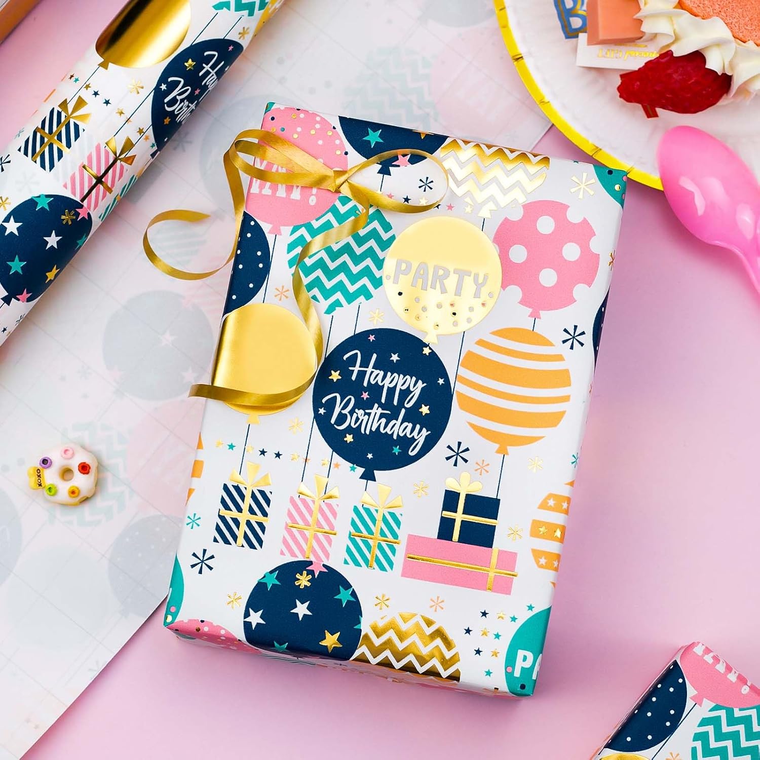 Birthday Wrapping Paper Roll - Cute Colorful Balloon With Gold Foil Metallic Shine Gift Wrap Paper For Birthday, Baby Shower, Party - Mini Roll - 17 Inch X 33 Feet
