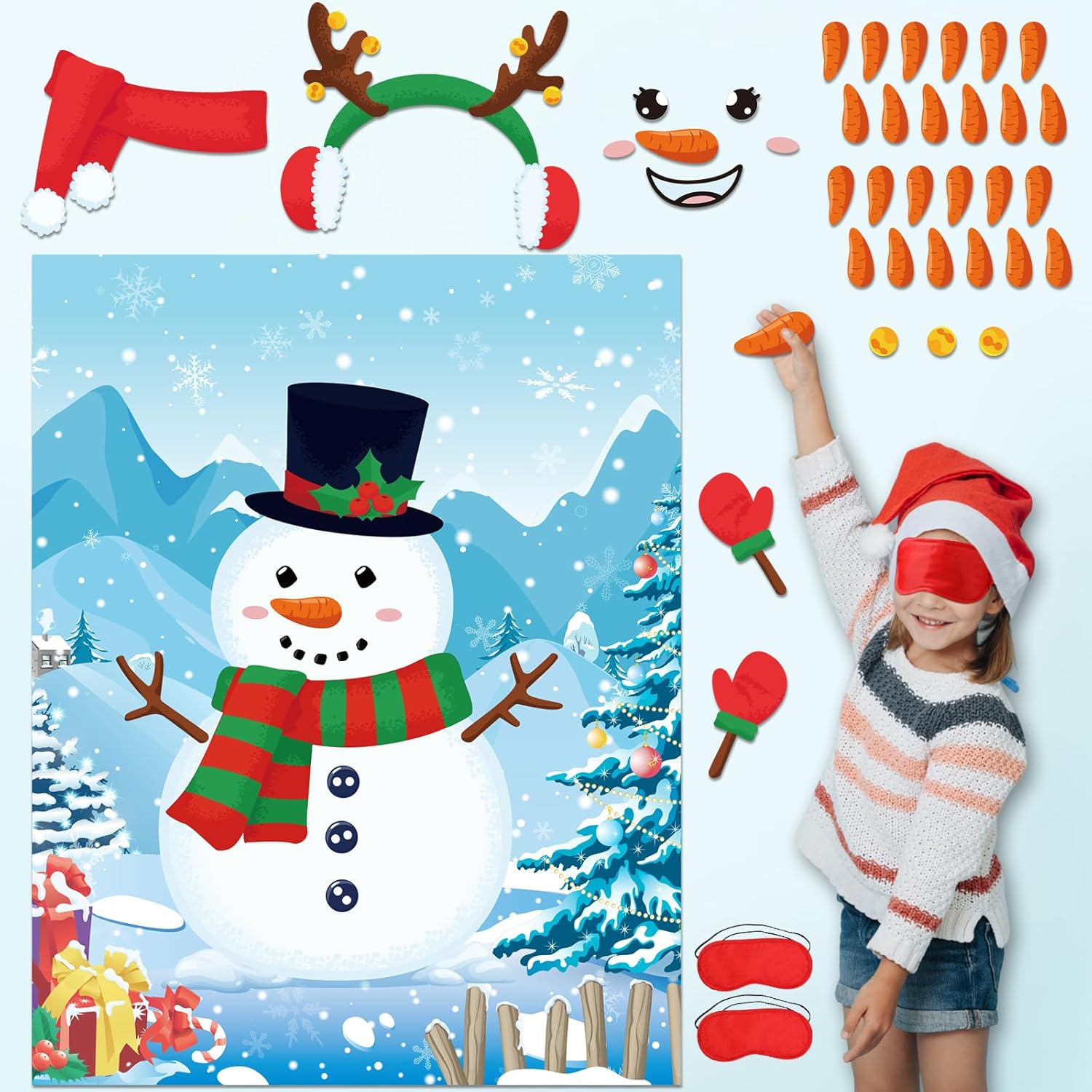 Christmas Pin Games Reusable Pin The Nose On Snowman Game Set Include 2 Diy Snowman 1 Xmas Poster 24 Carrot Nose Stickers 2 Blindfold For Winter Holiday Party Game Activities Supplies