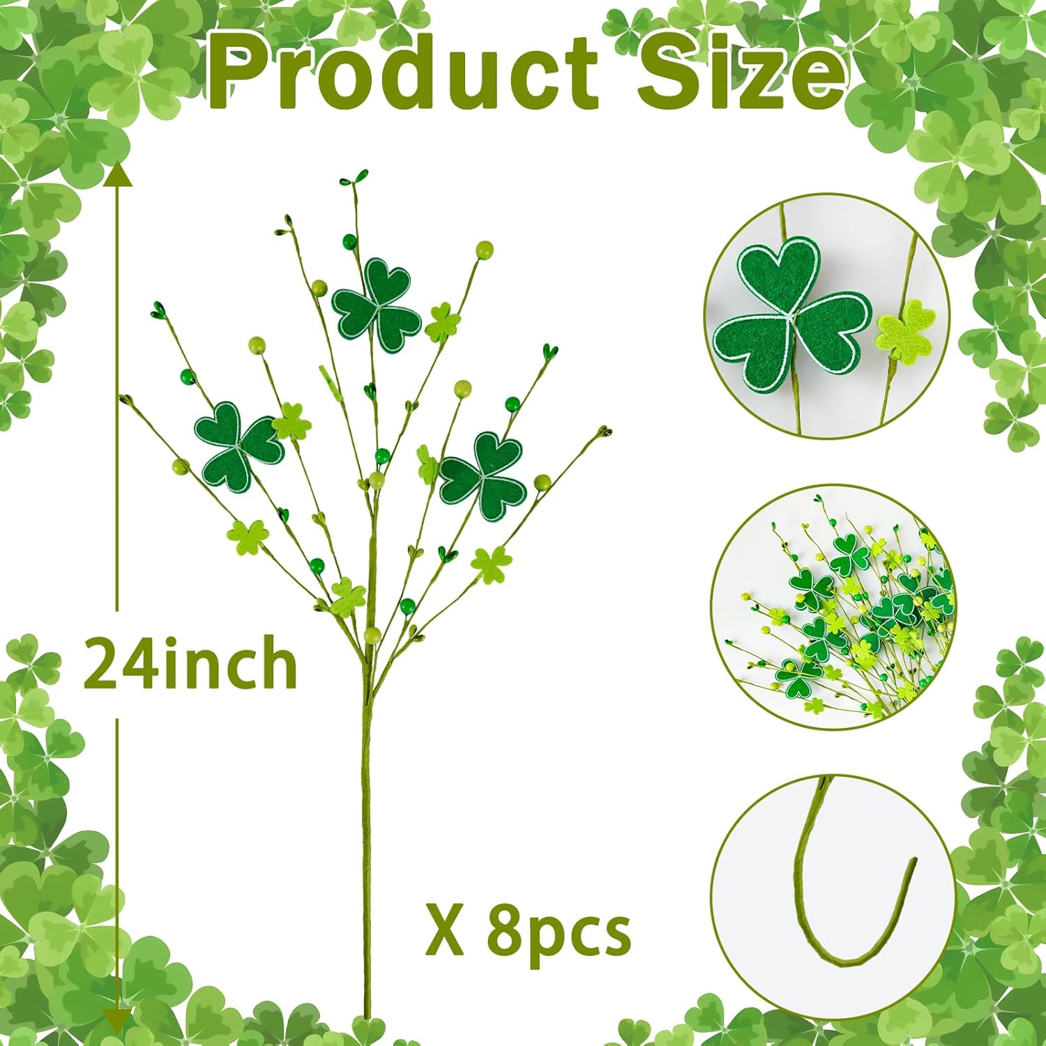 St Patrick'S Day Decorations, 8Pcs 24" Artificial St Patrick'S Day Picks Green Clover Floral Berry Stems For St.Patrick’S Day Table Home Office Decor