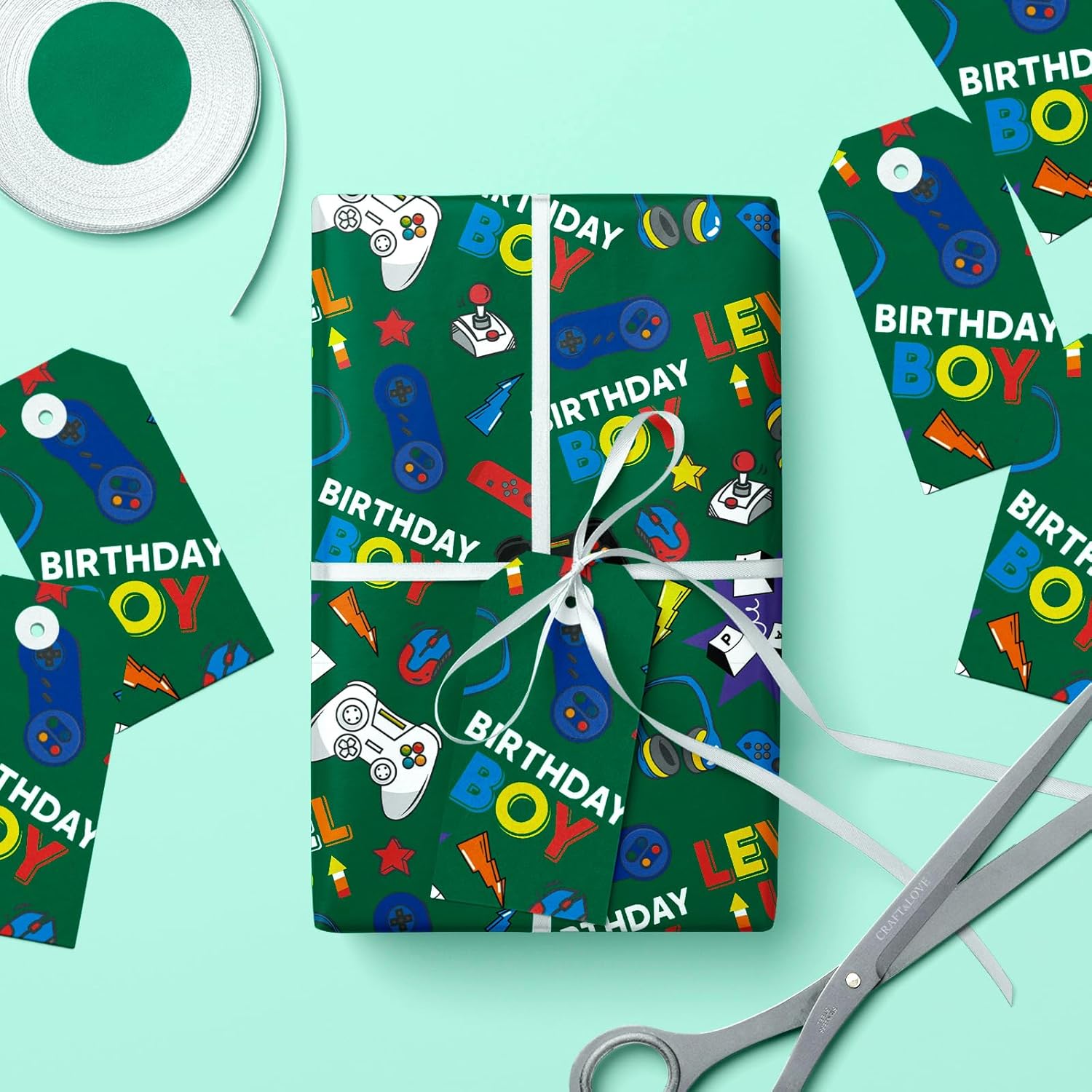 Gaming Wrapping Paper Roll - Mini Roll - 17 Inch X 33 Feet - Green Gaming Boys Kids Happy Birthday Wrapping Paper For Boys Kids Birthday, Baby Shower, Party