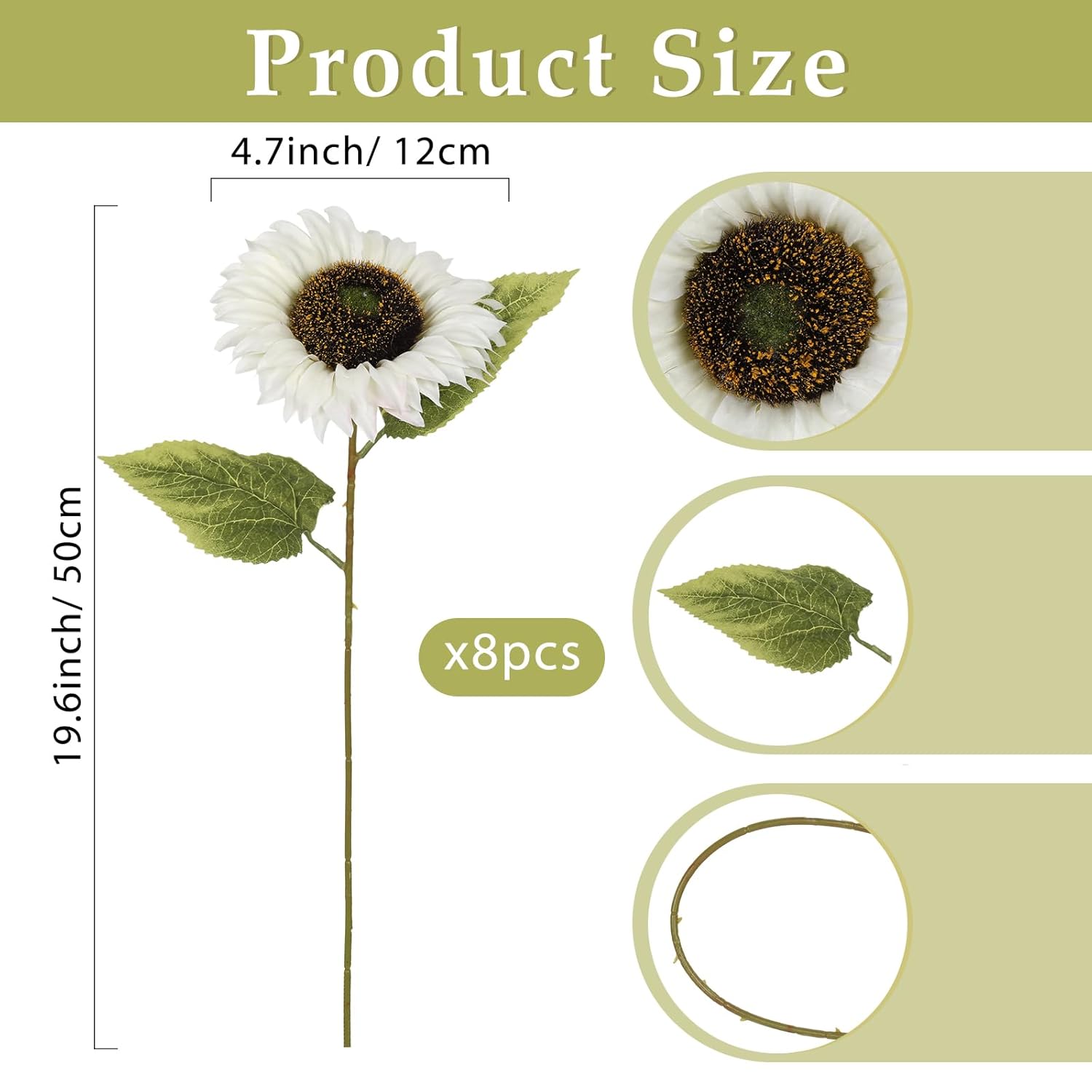 Artificial Sunflowers 20" Sunflowers Artificial Flowers 8Pcs Long Stem Sunflowers With Leaves Large Silk Fake Sunflowers Decoration For Outdoor Home Party Wedding Diy Decor(White)