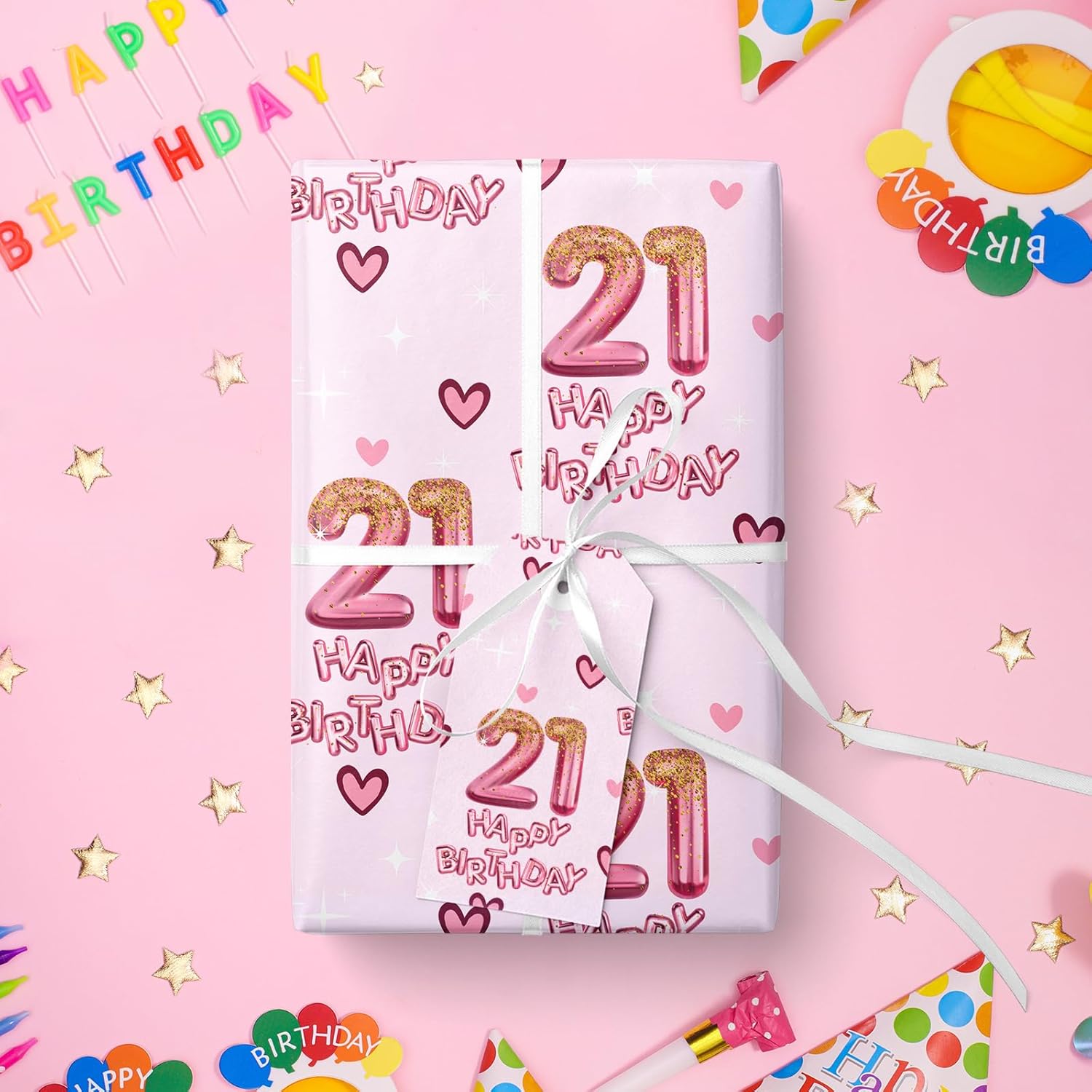 21St Girls Wrapping Paper Birthday, Hearts And Pink Number 21 Balloons Happy Birthday Design, 21 Years Old, Mini Roll, 17 Inches X 16.4 Feet, Perfect For Girls' Birthday Party Gifts