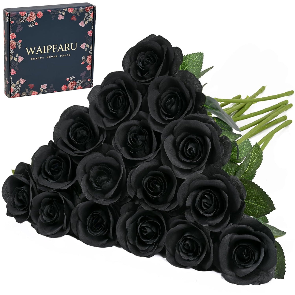 Halloween Decor - 16 Pcs Black Roses Artificial Flowers, Fake Roses Halloween Flowers With Long Stems For Home Decoration (Black)