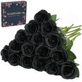 Halloween Decor - 16 Pcs Black Roses Artificial Flowers, Fake Roses Halloween Flowers With Long Stems For Home Decoration (Black)