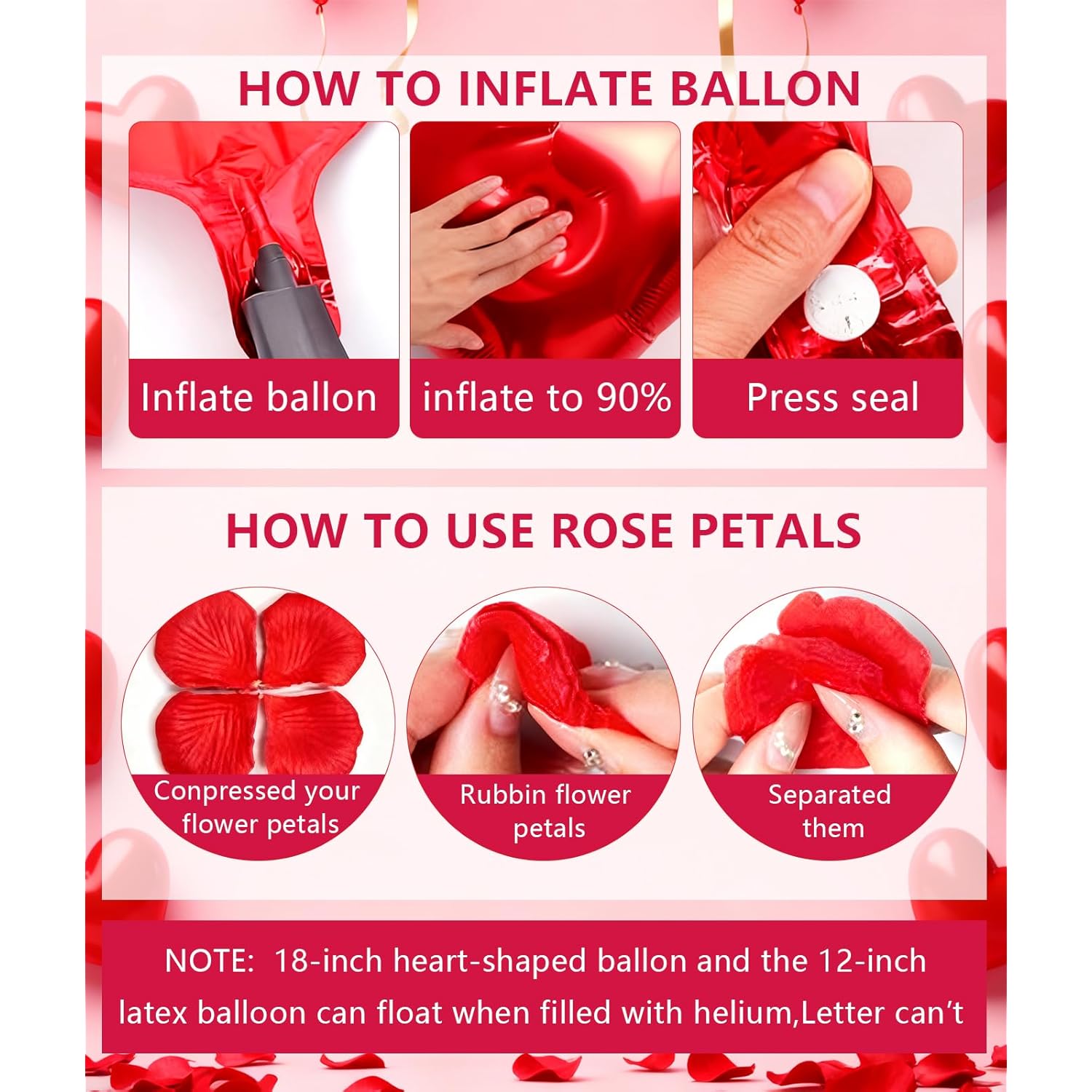 Pink Romantic Decor Kit - Heart Balloons, Rose Petals & Candle Set For Proposals, Anniversary, Valentines Day (30 Balloons + 1000 Petals + 24 Candles) (Red)