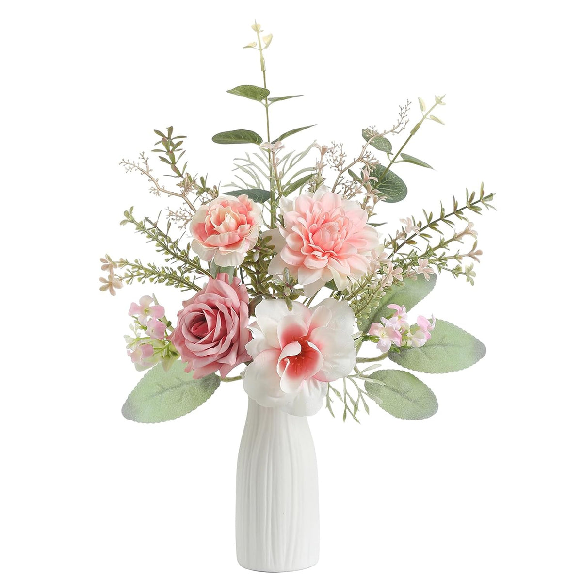 Small 11" Artificial Flowers In Ceramic Vase - Pink Silk Flower Centerpiece For Dining Table, Office, Wedding & Farmhouse, Home Decor Gifts