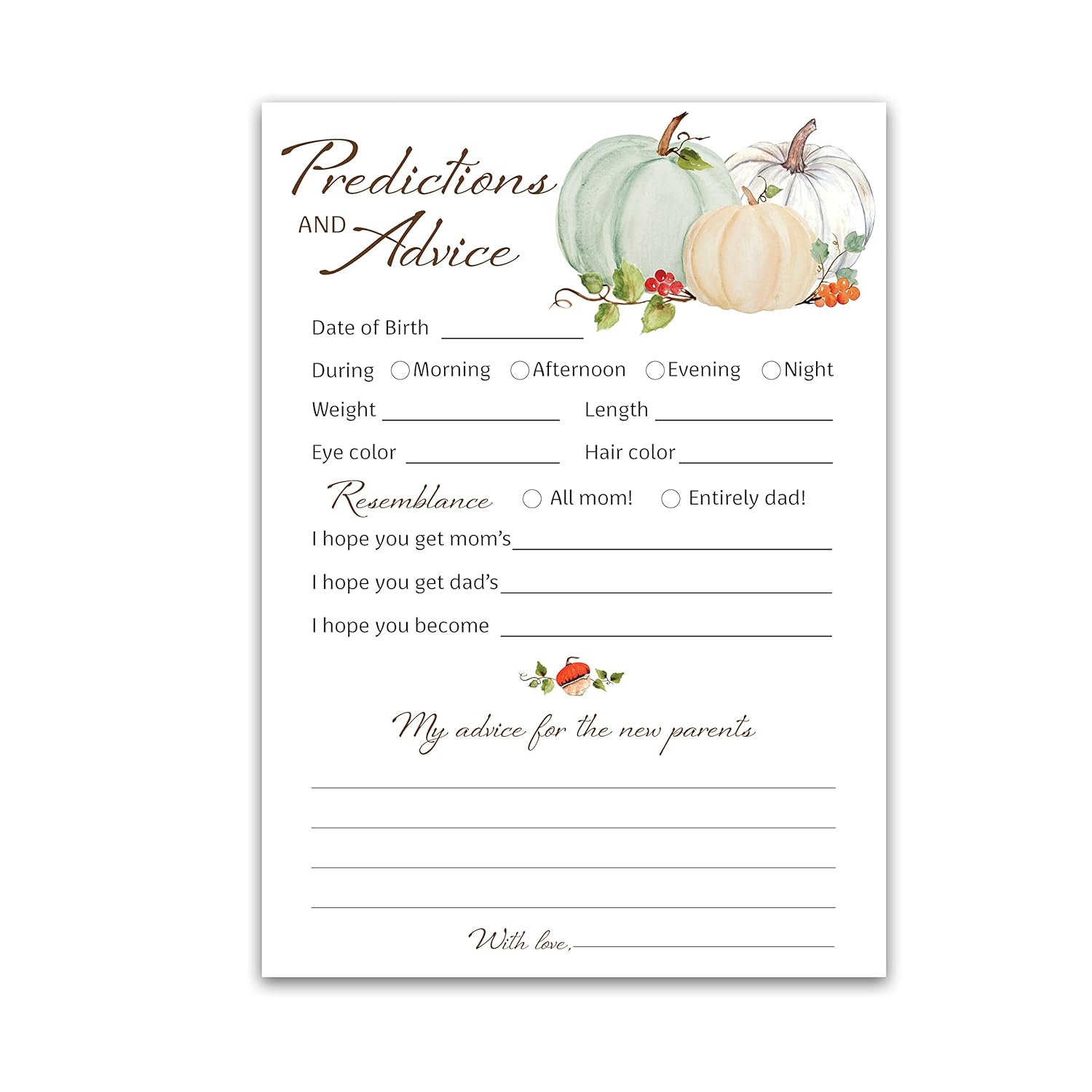 Pumpkins Prediction And Advice Cards - Pack Of 25 - Little Pumpkin Baby Shower Games, New Parents, Mom & Dad To Be, Mommy & Daddy Message, Couples Coed Shower Activity Keepsake Book Fall G332-Pdav