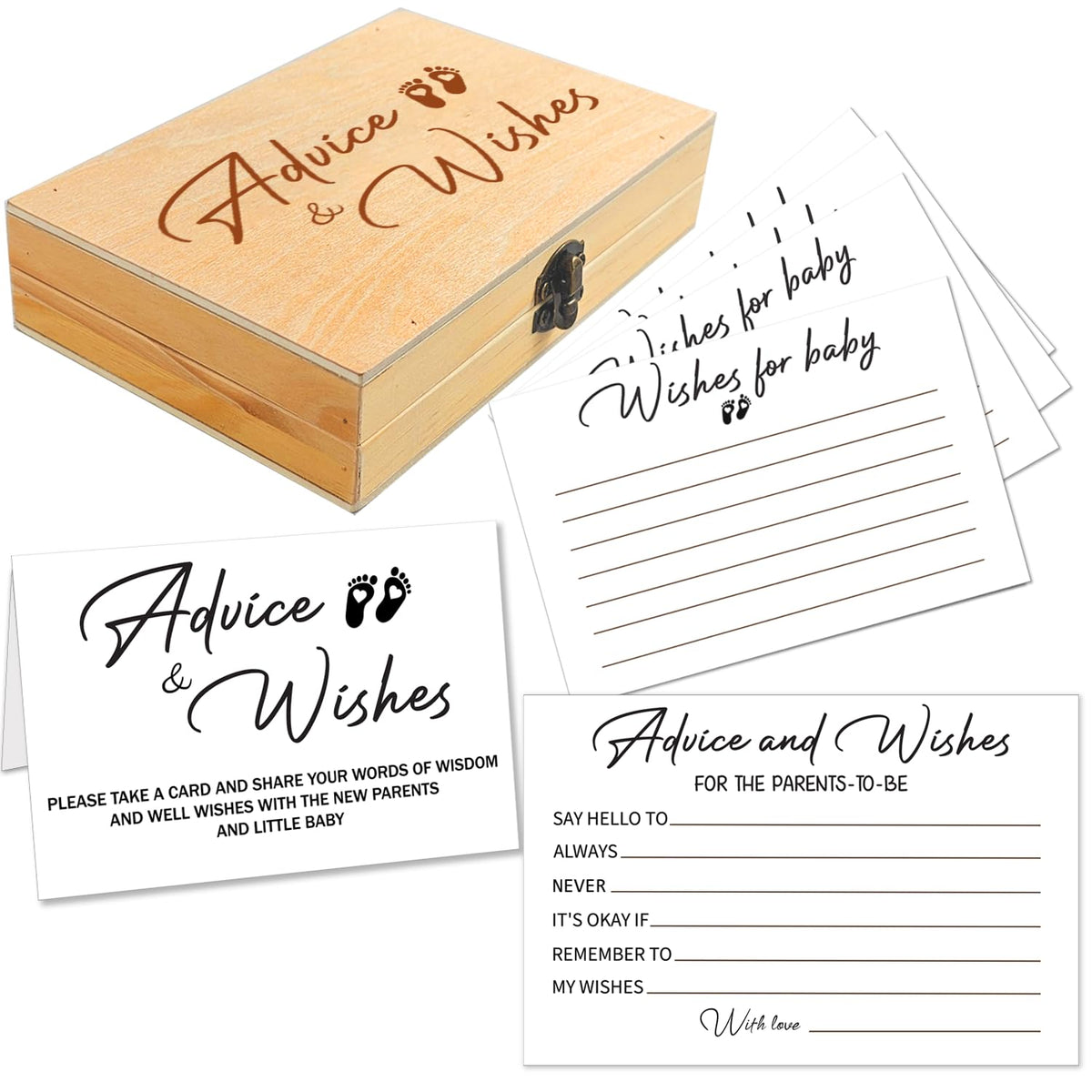 50 Pcs Baby Shower Advice Cards With Wooden Box, Premium Thick 4.8" X 3.2" Advice And Wishes Cards Baby Shower Keepsakes, Advice For New Parents, Baby Shower Game, Activities For Guests