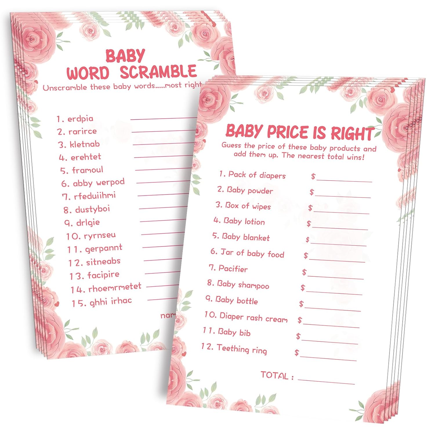 Baby Shower Games For Girl-2 Games(50 Of Each),Baby Shower Word Scramble Game&Price Is Right,Double-Sided,Thick Cardboard,Fun,Hilarious,With Answer Keys