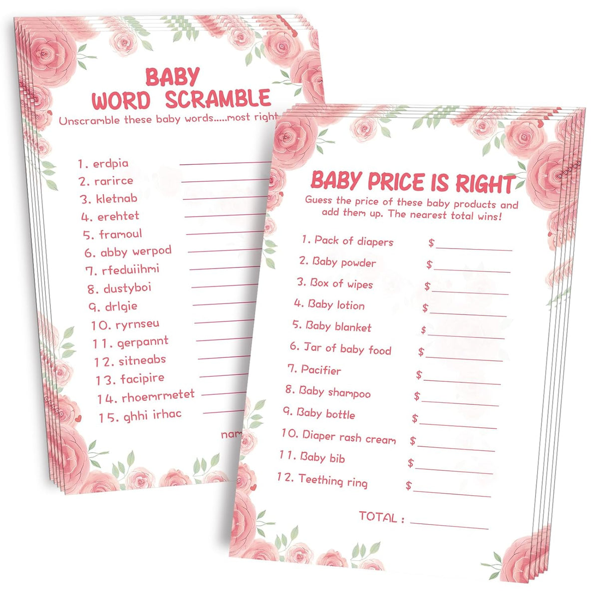 Baby Shower Games For Girl-2 Games(50 Of Each),Baby Shower Word Scramble Game&Price Is Right,Double-Sided,Thick Cardboard,Fun,Hilarious,With Answer Keys