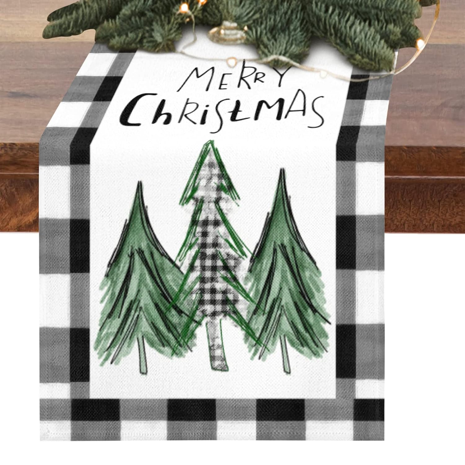 Merry Christmas Trees Table Runner 72 Inch Xmas Winter Holiday Black And White Buffalo Plaid Table Cloth Decorations For Home Dining Room Party Decor