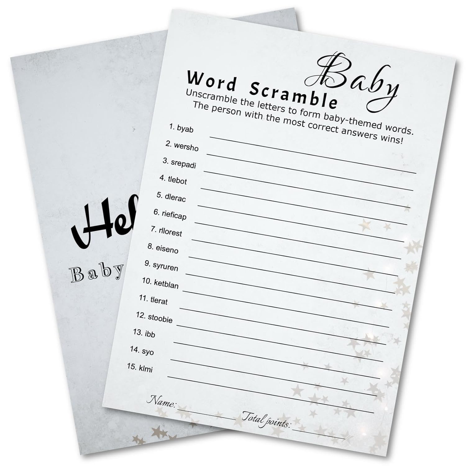Baby Shower Word Scramble Trivia Game Cards - 30 Player Family Friend Party - Minimalist Light Gray Design With Stars & Strips - Ready To Play, Answer Keys Included, 5X7 Inch (Word Scramble)