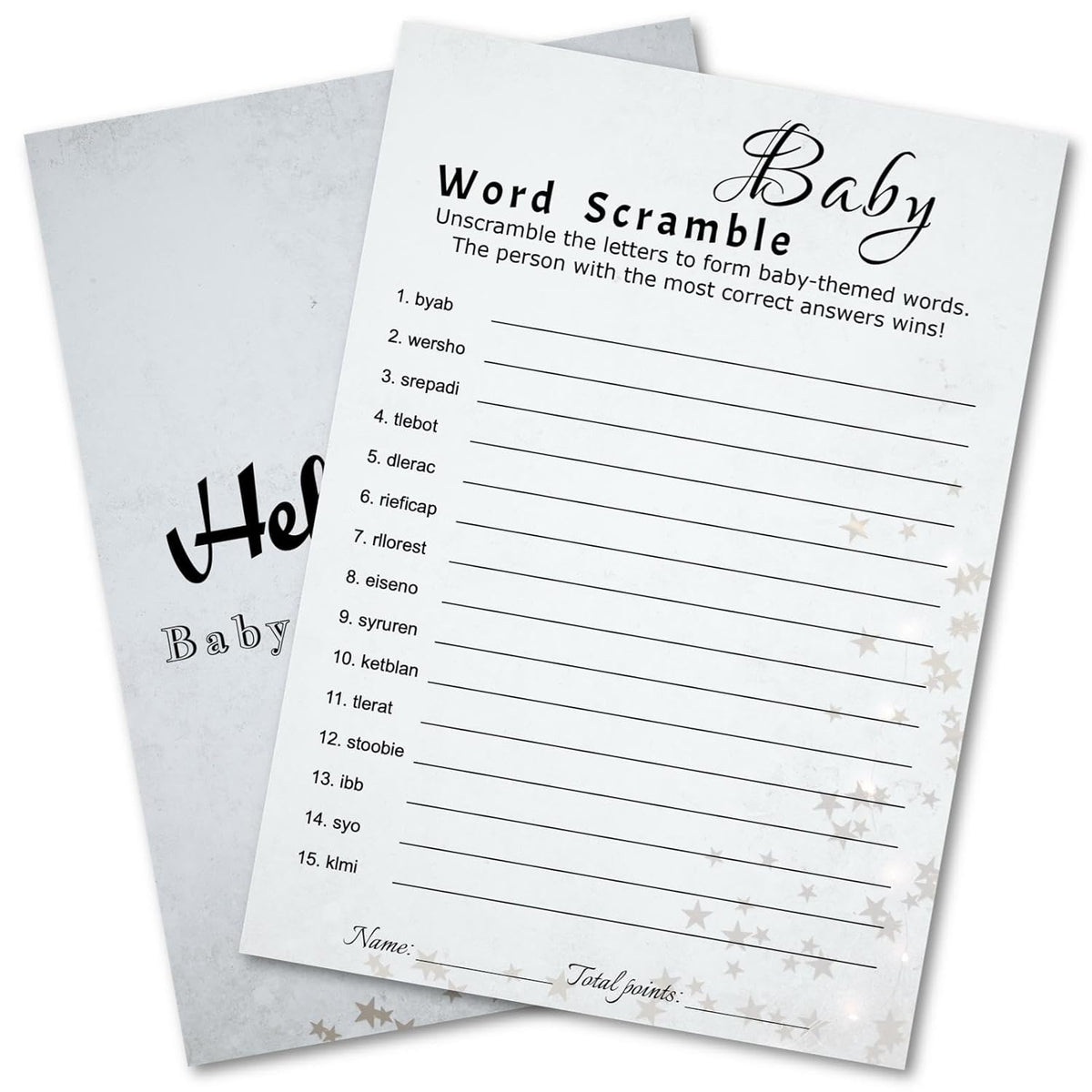 Baby Shower Word Scramble Trivia Game Cards - 30 Player Family Friend Party - Minimalist Light Gray Design With Stars & Strips - Ready To Play, Answer Keys Included, 5X7 Inch (Word Scramble)