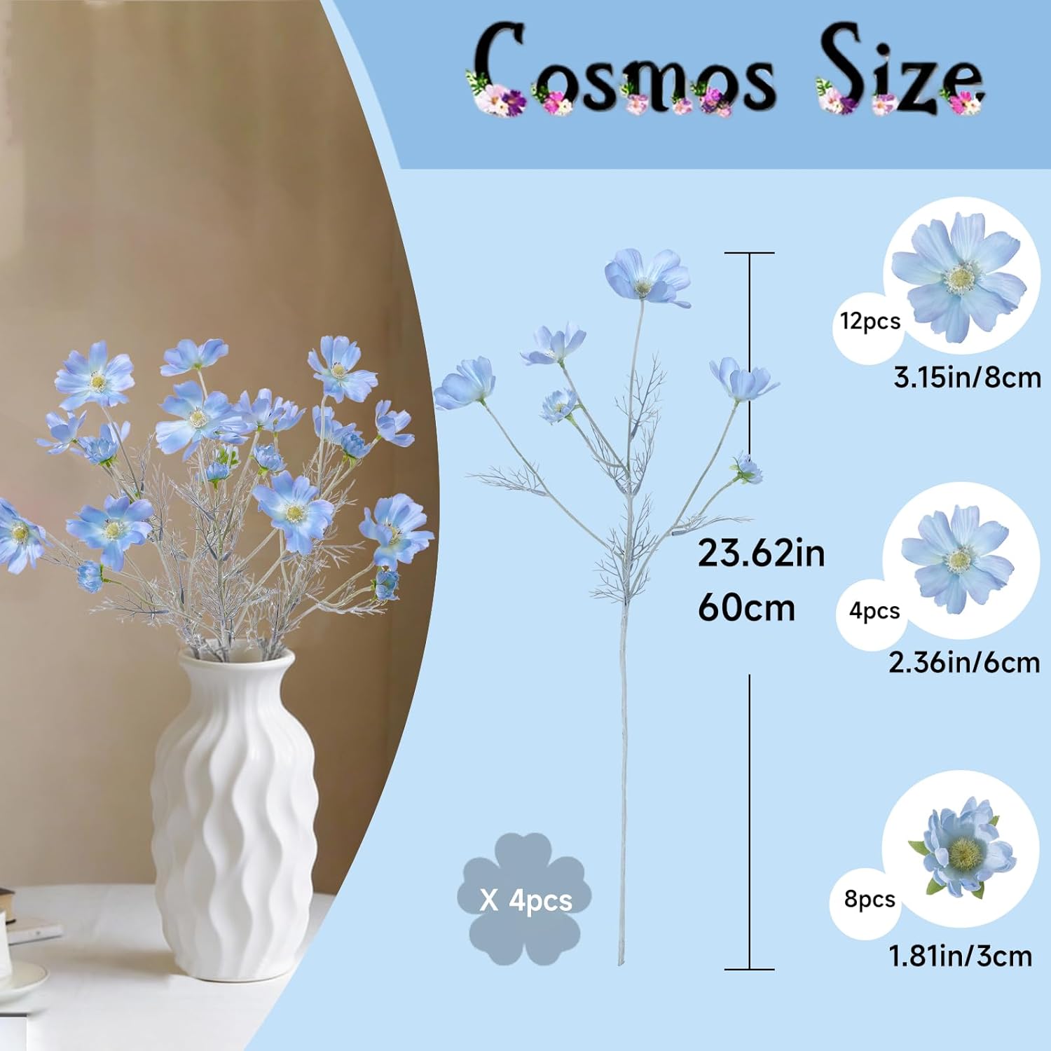 4Pcs 24Inch Light Blue Cosmos Branches Artificial Flowers,Light Blue Fake Flowers, Vase Decor Flowers, For Home Decoration Artificial Flowers
