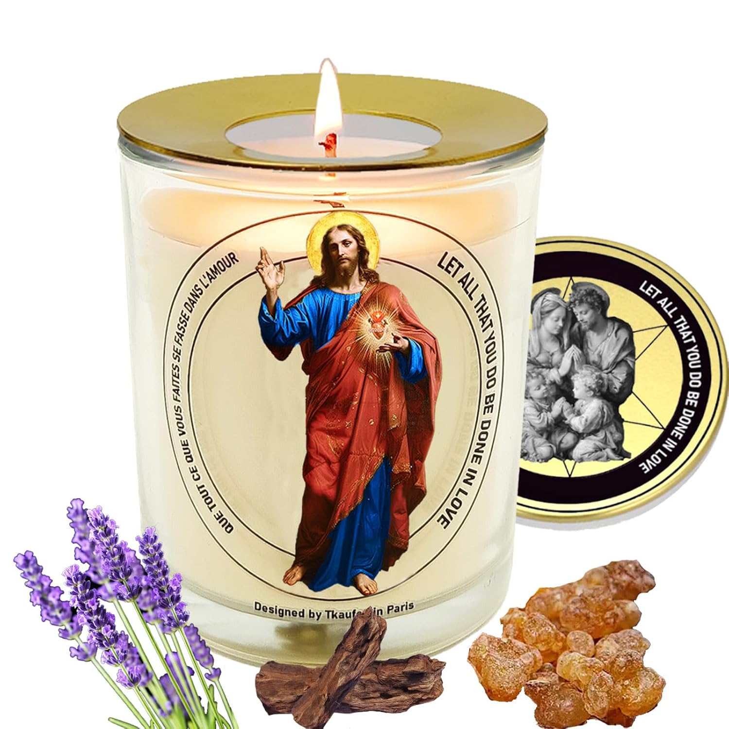 Sacred Heart Jesus Frankincense Myrth Lavender Scented Candle 50 Hours With Warmer Ring?Hand-Poured Soy Wax?Family Protection, Success, Redemption, Healing, Forgiveness?Design In Paris?3“×3.6”